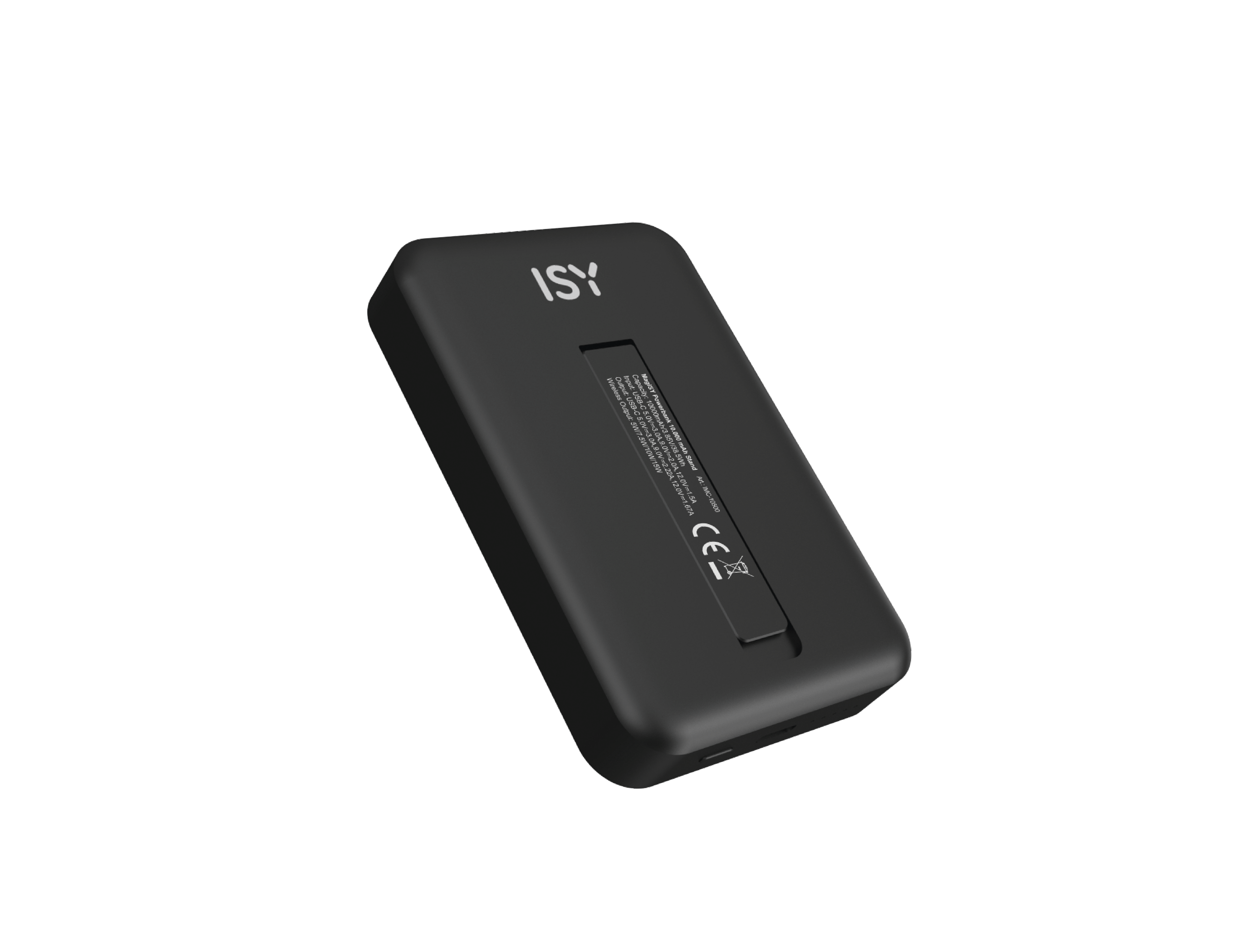 Schwarze Powerbank mit 'ISY'-Logo, Textdetails und CE-Zeichen. Auf schwarzem Grund schräg gestellt.
