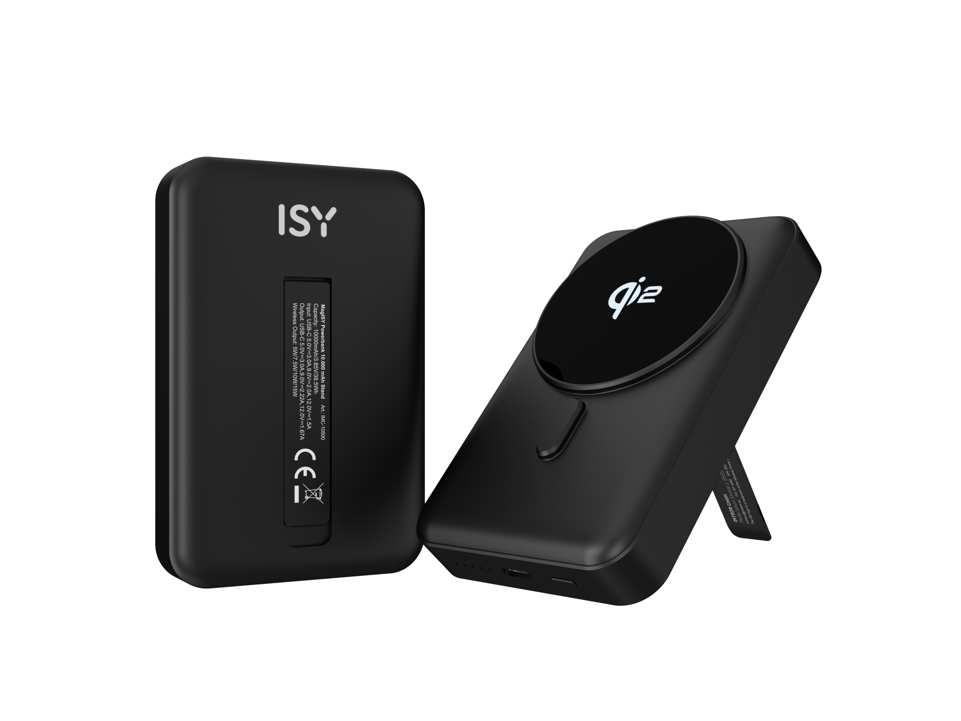 Zwei schwarze Powerbanks werden angezeigt. Eines hat das "ISY" Logo, das andere das "qiz" Logo.