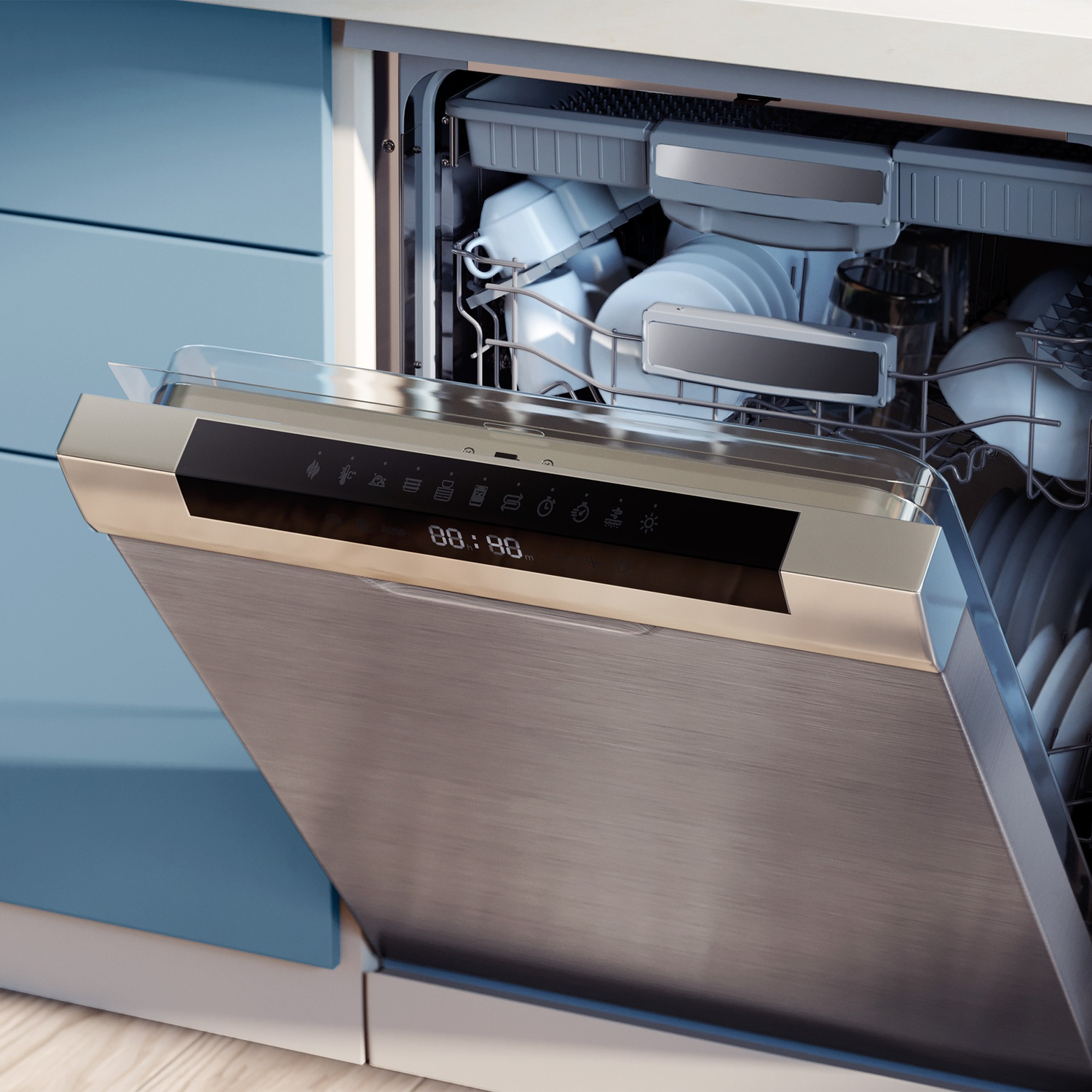 Open dishwasher with dishes inside. Stainless steel door, black control panel showing 00:90. Blue cabinet door visible.