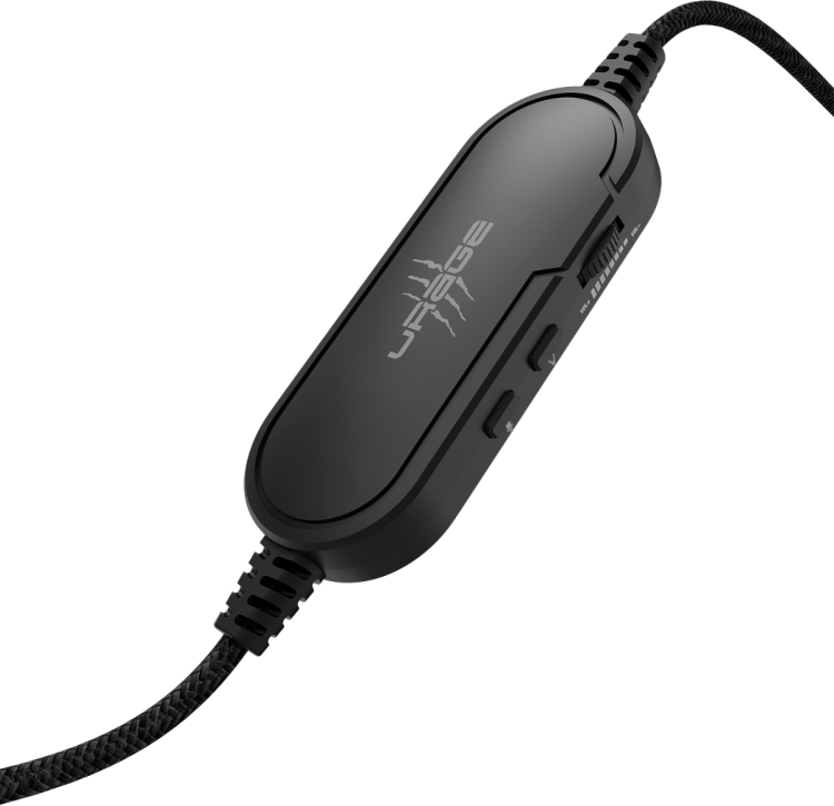Fekete audio vezérlő. Hangerőszabályzóval, némító gombbal és fonott kábellel rendelkezik. Az "URAGE" logó látható.