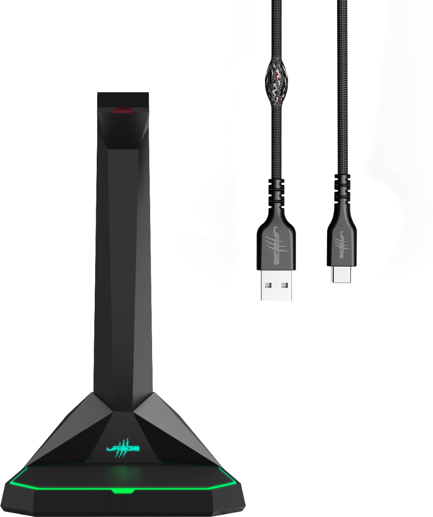 Fekete mikrofonállvány zöld alappal és két USB-kábellel. A kábelek texturált kialakításúak és USB-csatlakozókkal rendelkeznek.