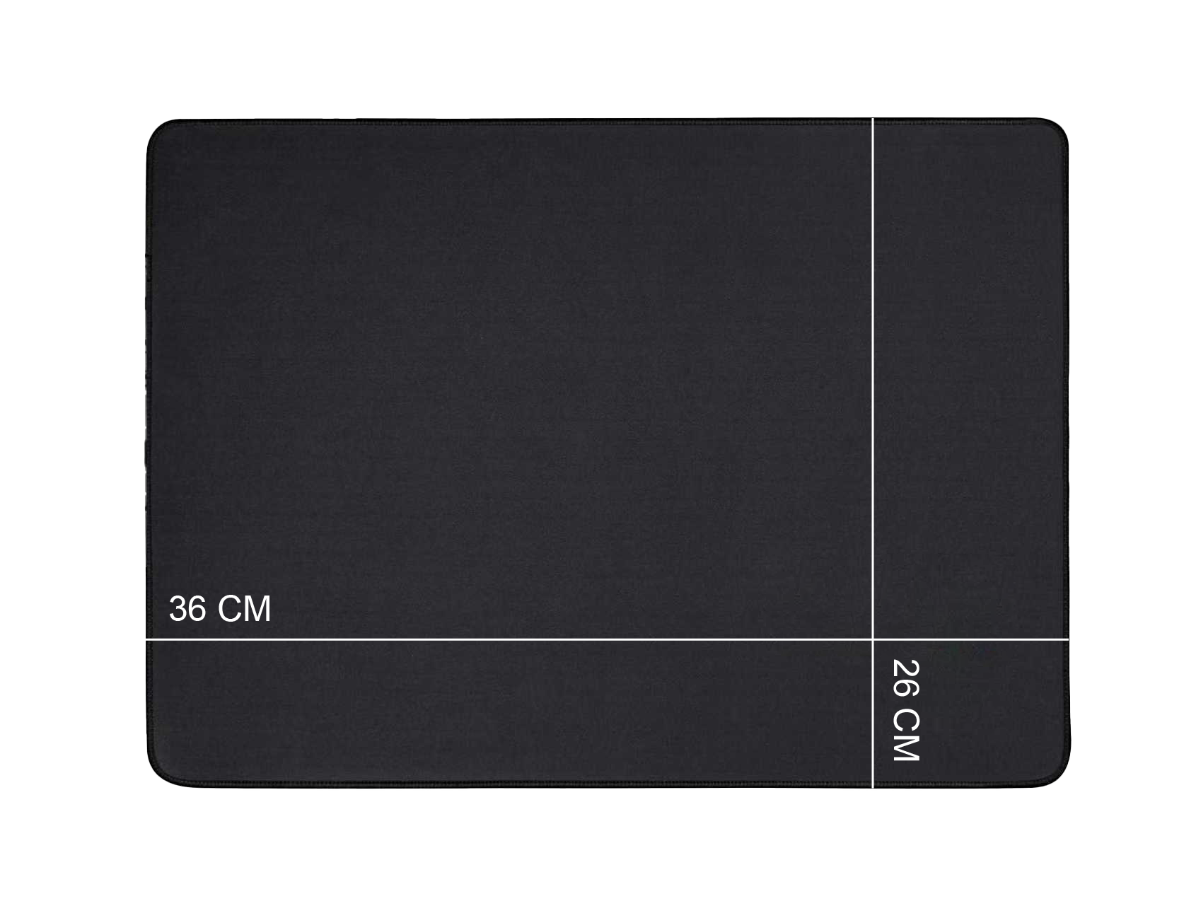 Ein schwarzes rechteckiges Mauspad mit weißen Linien, die die Abmessungen angeben. Es ist 36 cm breit und 26 cm hoch.