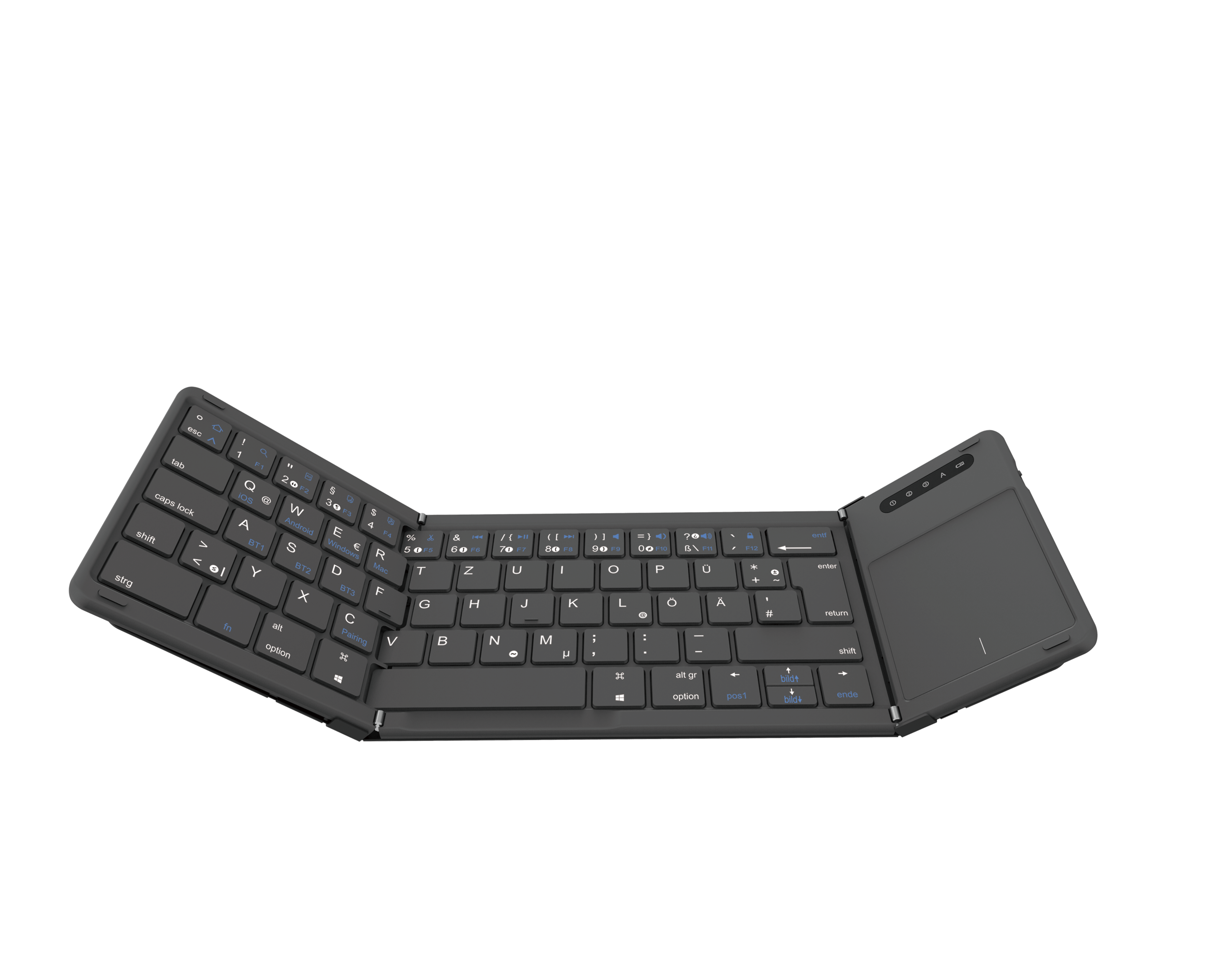 Eine faltbare, schwarze Tastatur mit Touchpad. Die Tasten sind blau und weiß auf schwarzem Grund.