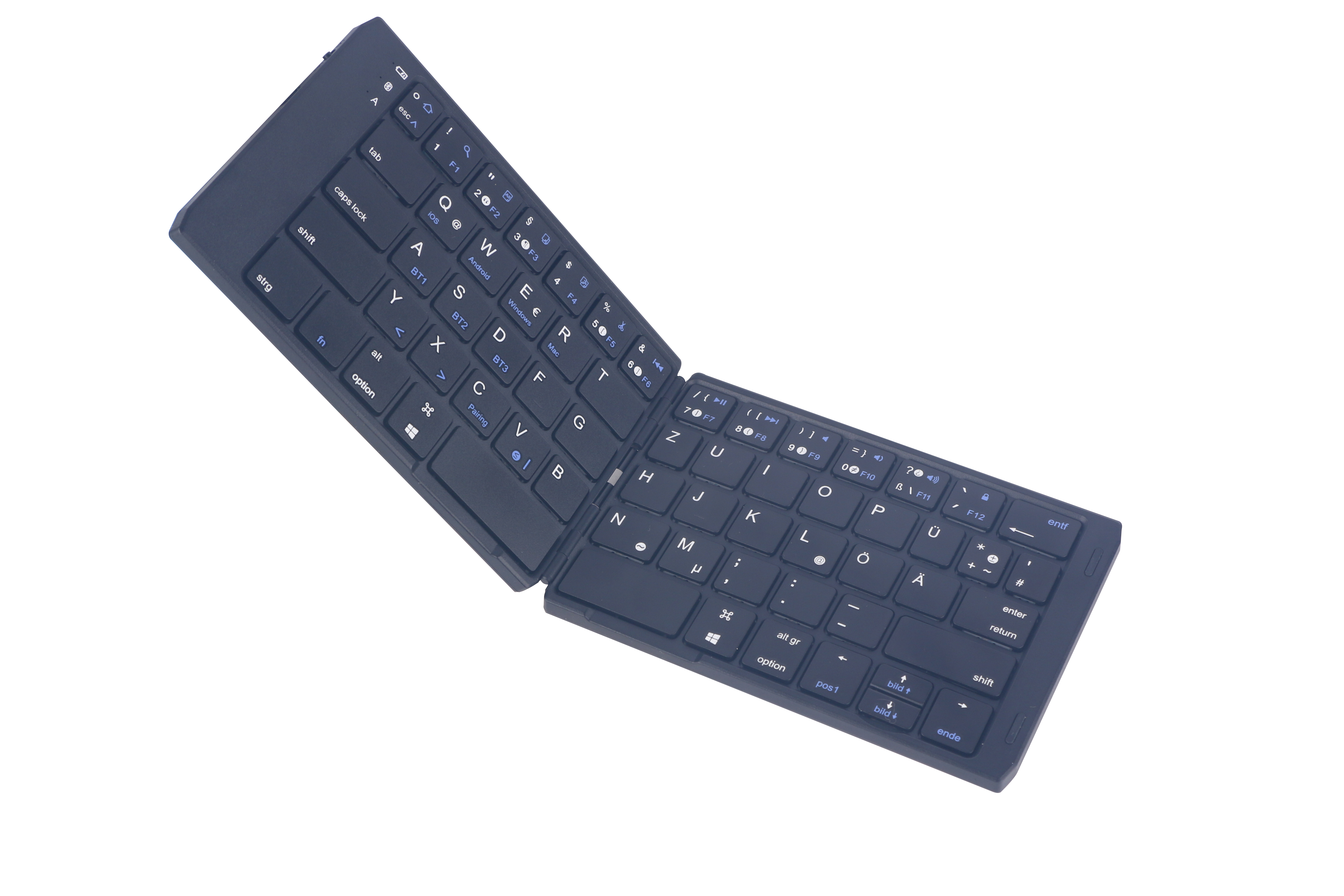 Eine schwarze, faltbare Bluetooth-Tastatur auf weißem Hintergrund. Sie hat Tasten und ist geöffnet.