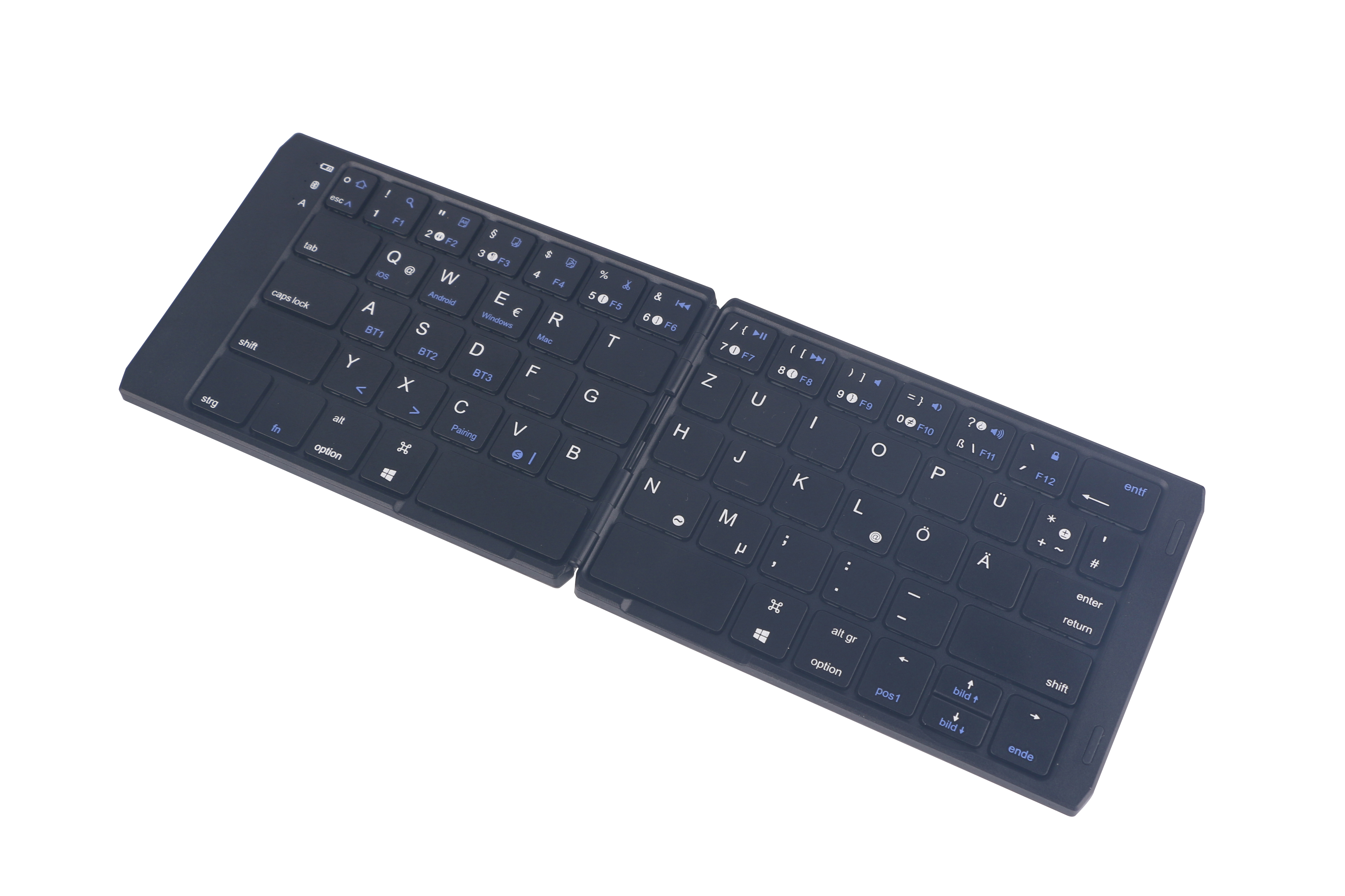 Eine schwarze, faltbare Tastatur mit weißen Buchstaben und Symbolen vor weißem Hintergrund.