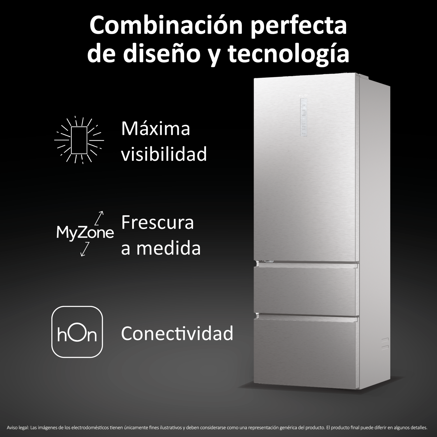 Combinación perfecta de diseño y tecnología. Máxima visibilidad, My Zone: Frescura a medida, hOn: Conectividad.