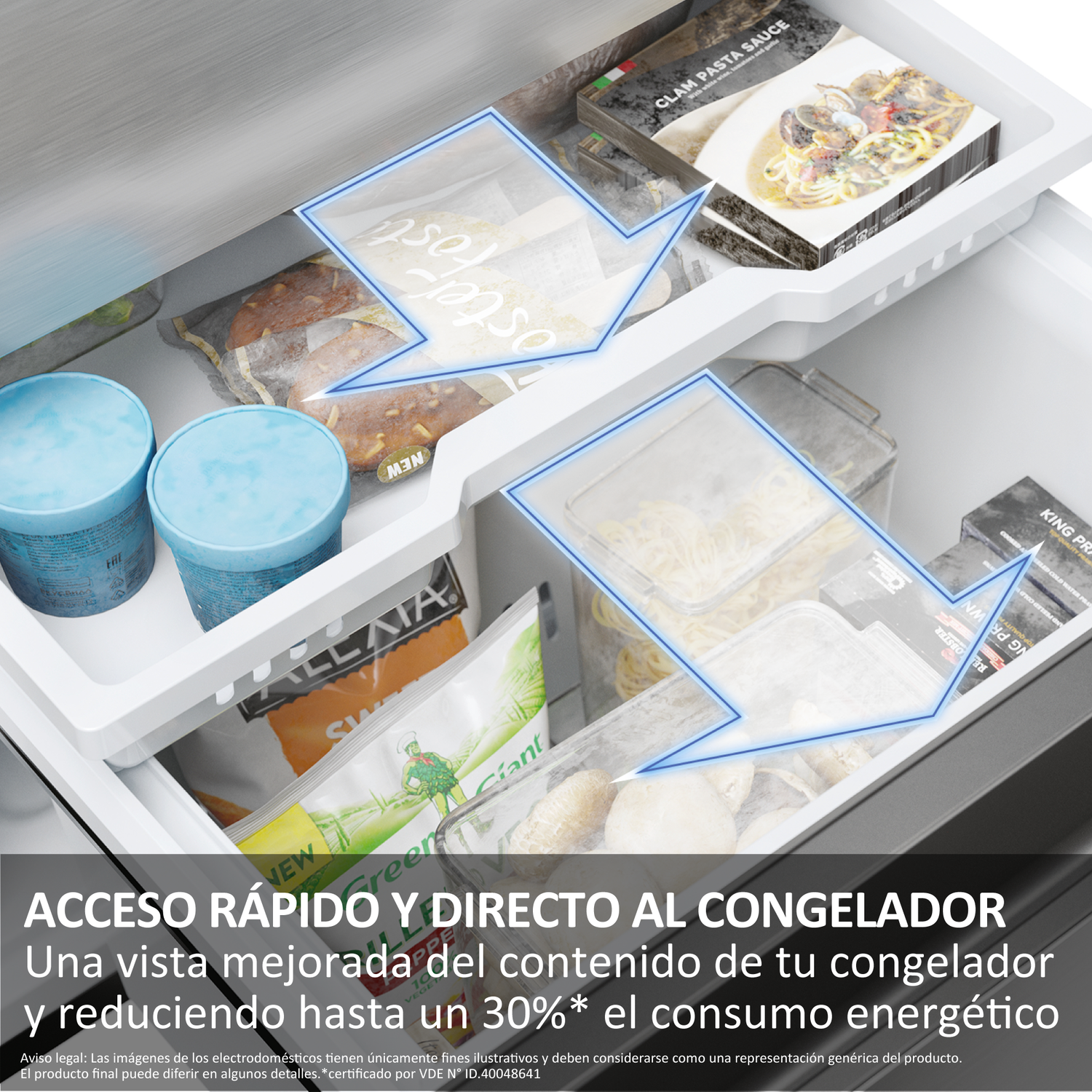 Acceso rápido y directo al congelador. Una vista mejorada del contenido de tu congelador y reduciendo hasta un 30% el consumo energético.