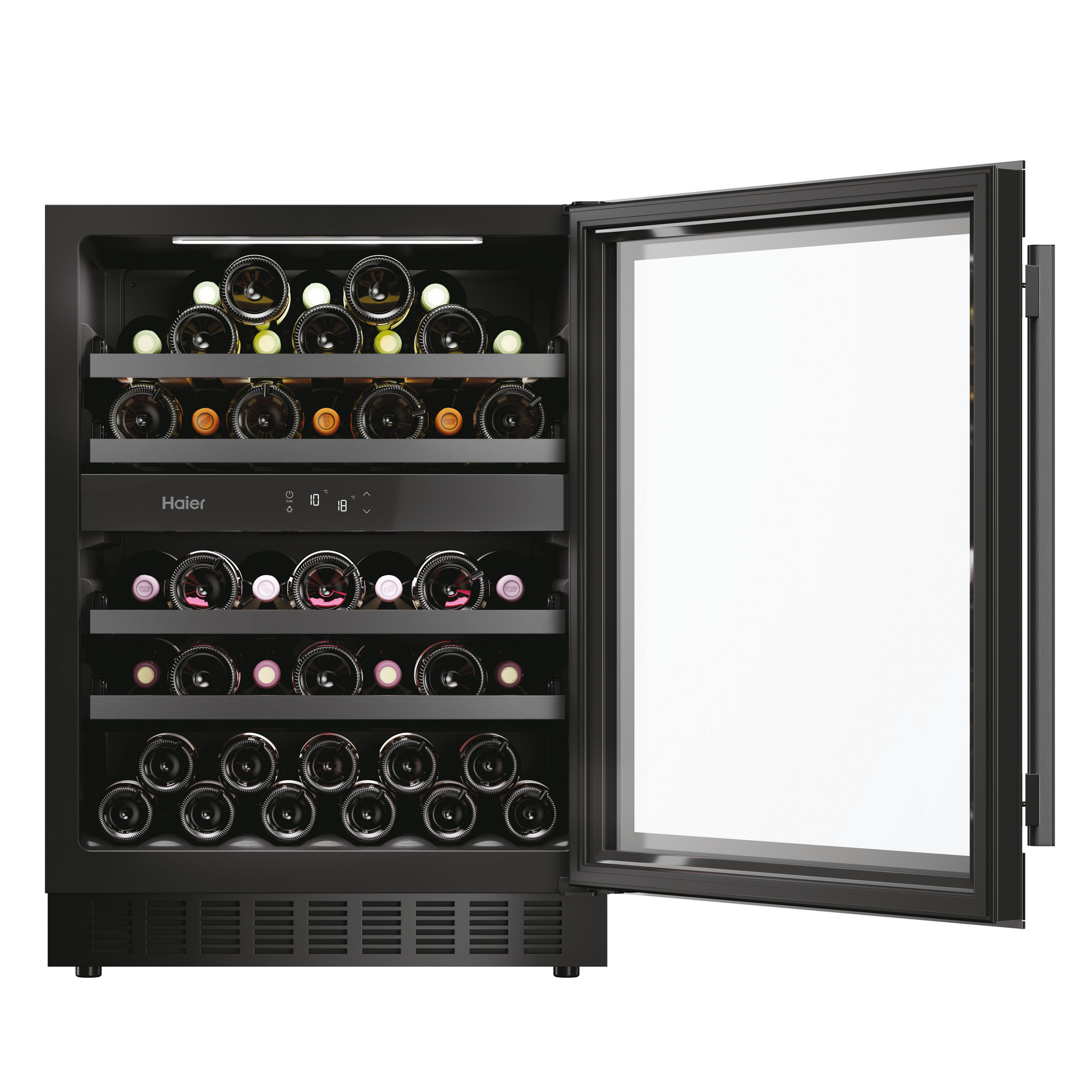 Vinoteca negra con puerta abierta, mostrando filas de botellas de vino. El logo Haier es visible.
