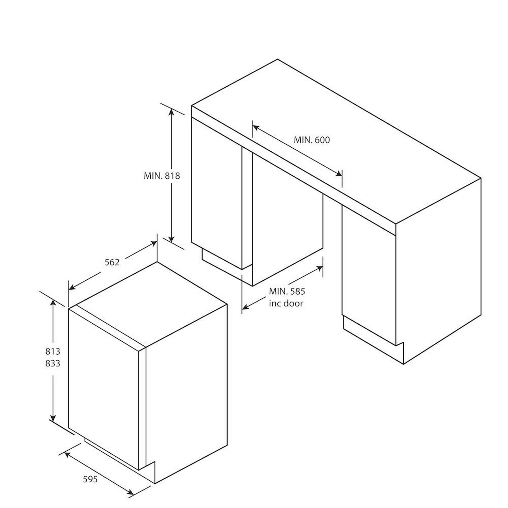 Diagrama de un mueble de cocina con dimensiones en mm: 818, 600, 585. Se ven dos estructuras rectangulares.