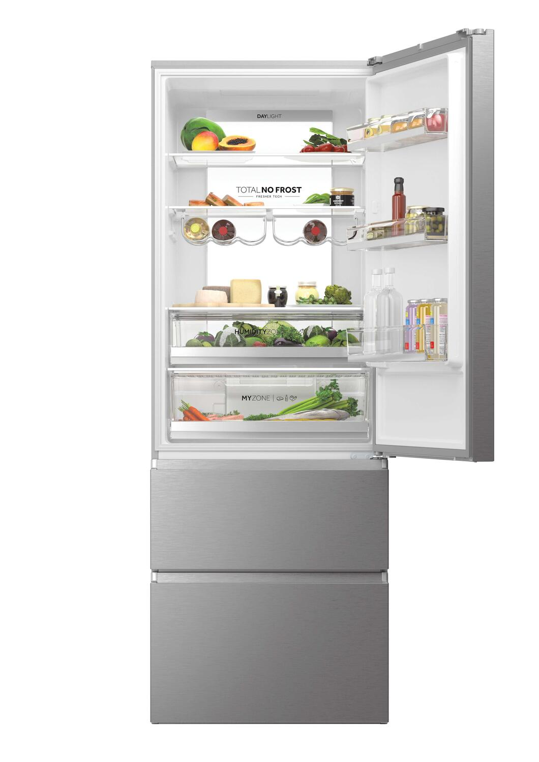 Refrigerador abierto lleno de frutas, verduras, bebidas y alimentos. Acabado de acero inoxidable con puerta abierta.