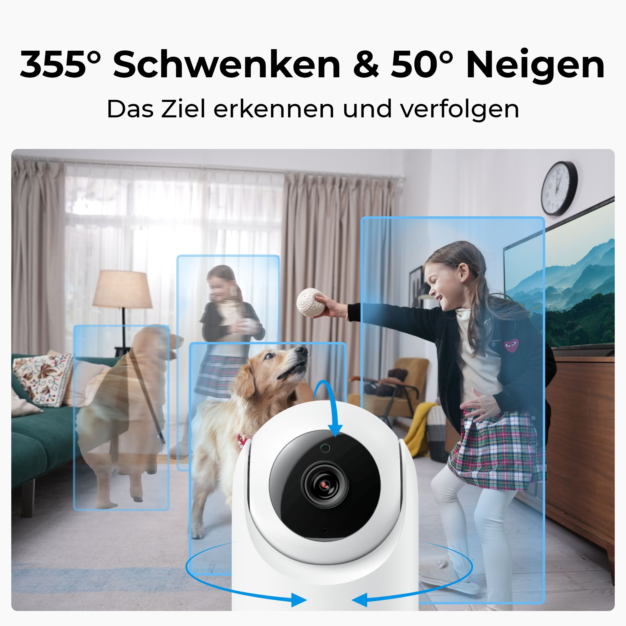 Ein Mädchen wirft einen Ball einem Hund zu. Eine Überwachungskamera befindet sich im Vordergrund. Hunde und Menschen sind im Hintergrund.