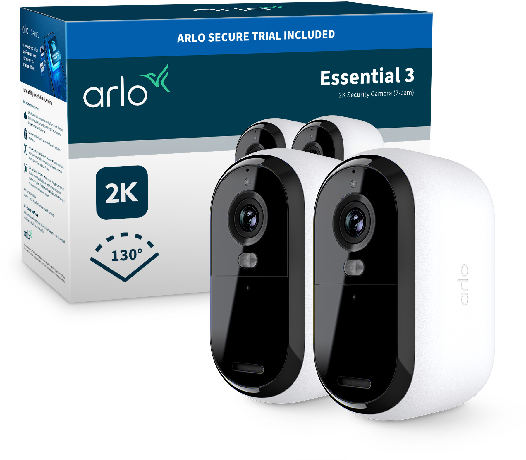 Das Bild zeigt Arlo Essential 3 Überwachungskameras und eine Box. Die Kameras sind weiß mit schwarzen Fronten.