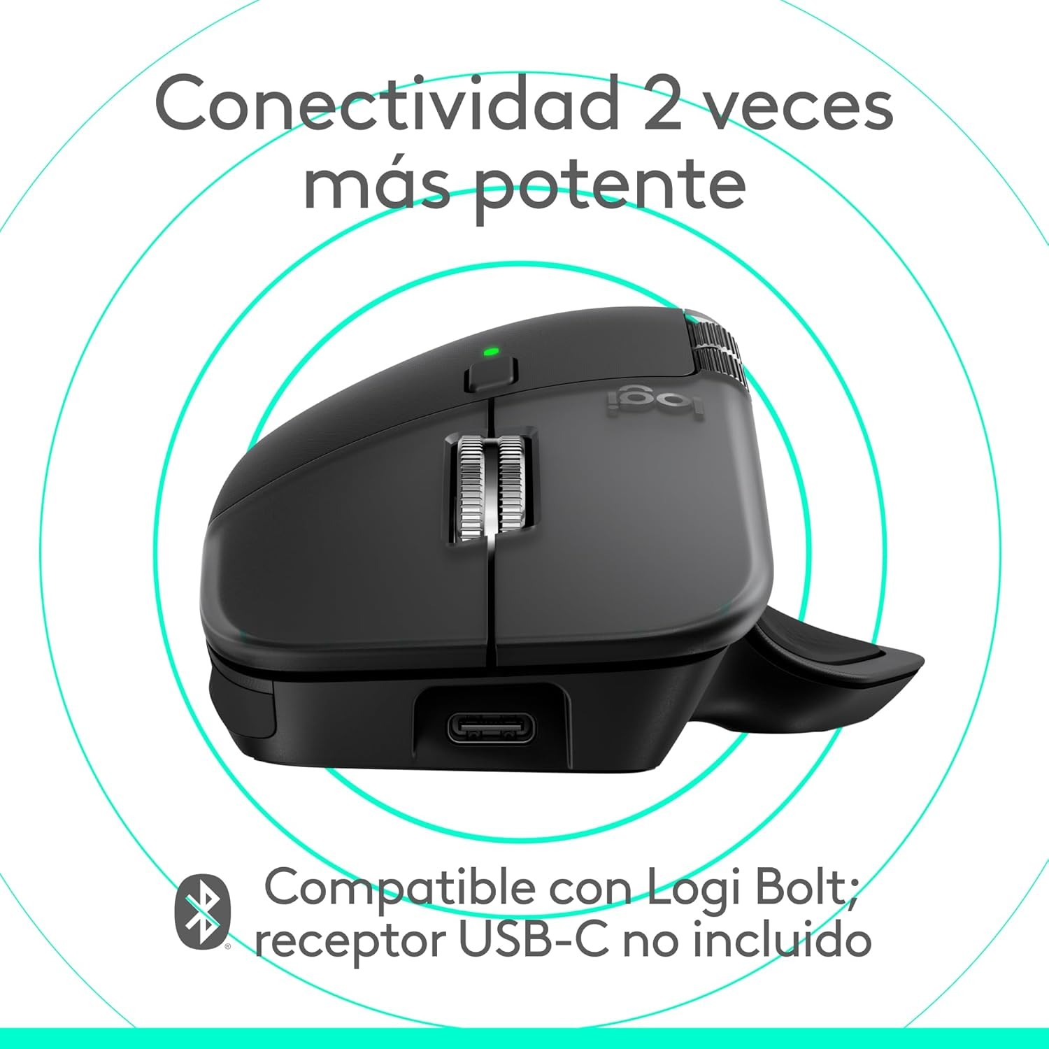 Ratón Logitech negro con luz verde, texto arriba: 'Conectividad 2 veces más potente', y abajo: 'Compatible con Logi Bolt'.