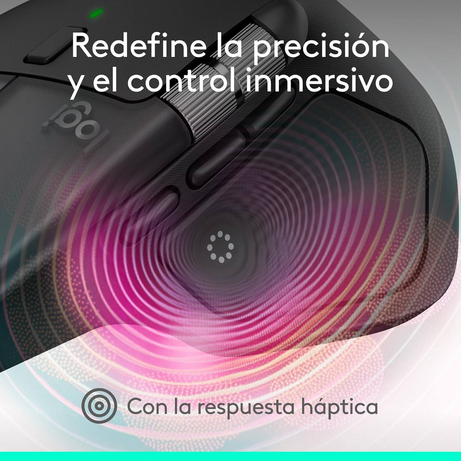 Ratón negro con texto 'Redefine la precisión y el control inmersivo' y 'Con la respuesta háptica' sobre fondo rosa.