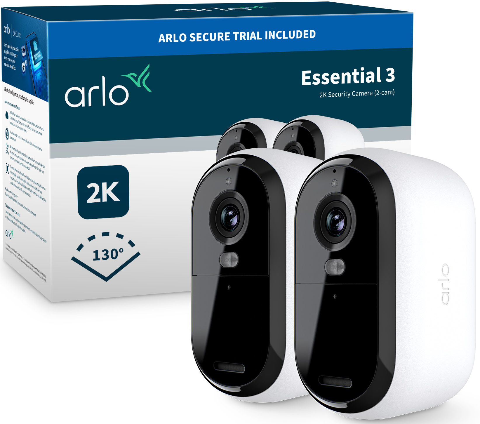 Arlo Essential 3 Sicherheitskamera-Set mit zwei weißen Kameras, einer Box und einem 130-Grad-Winkel. Auf der Box steht 'Secure Trial Included'.