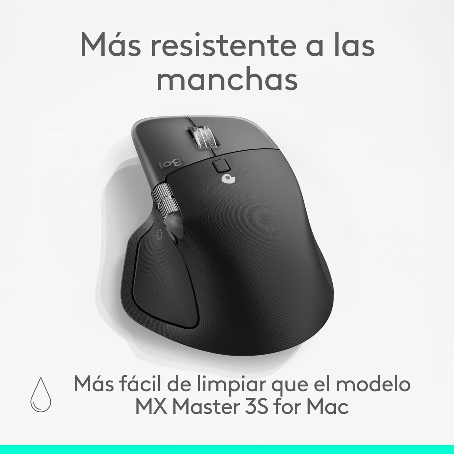 Un ratón Logitech negro sobre un fondo blanco. El texto superior dice: 'Más resistente a las manchas'. Abajo dice: 'Más fácil de limpiar'.