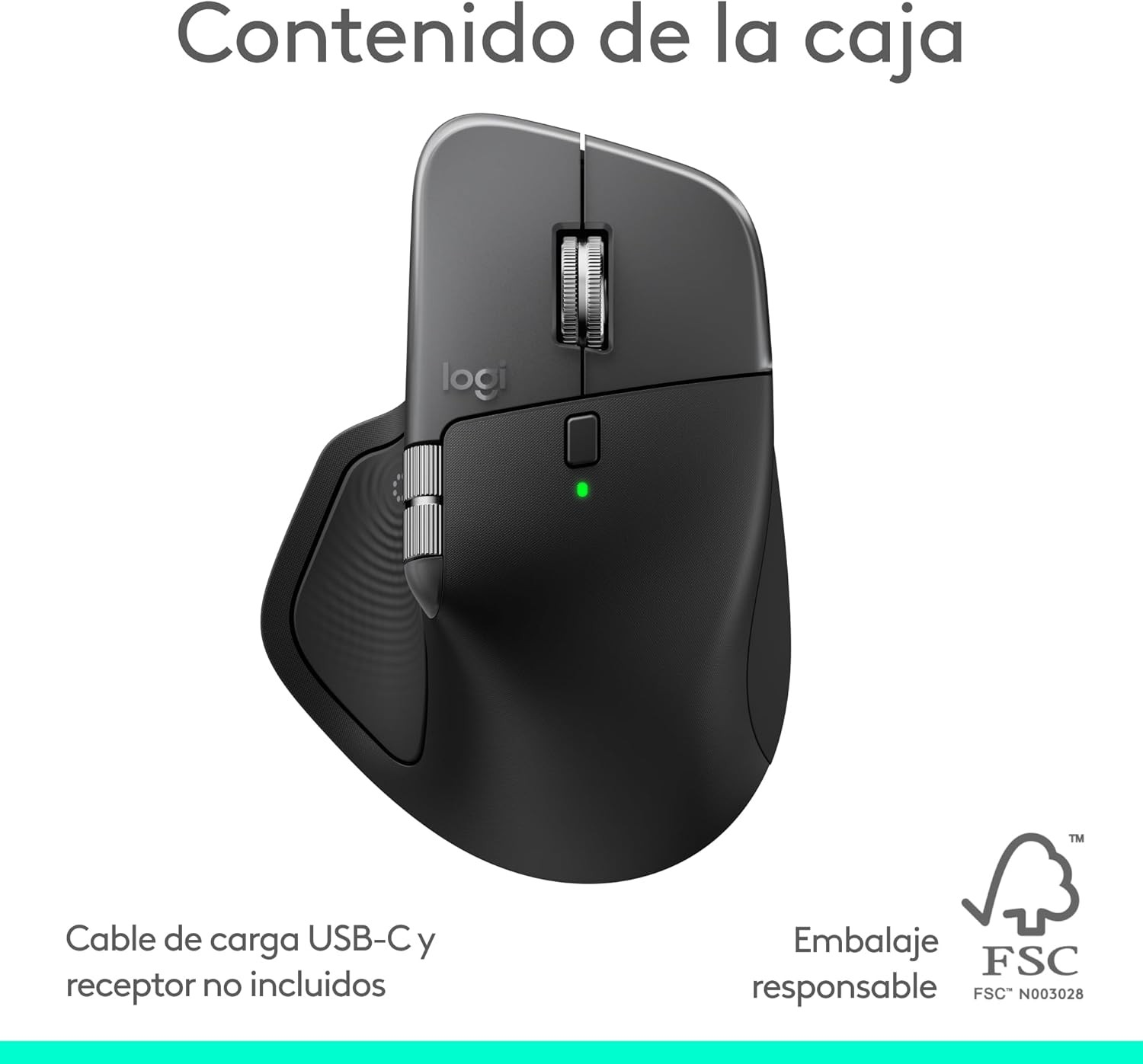 Se muestra un ratón Logitech negro con rueda de desplazamiento, botón de encendido y el logotipo. Texto: Contenido de la caja, cable USB-C, logo FSC.
