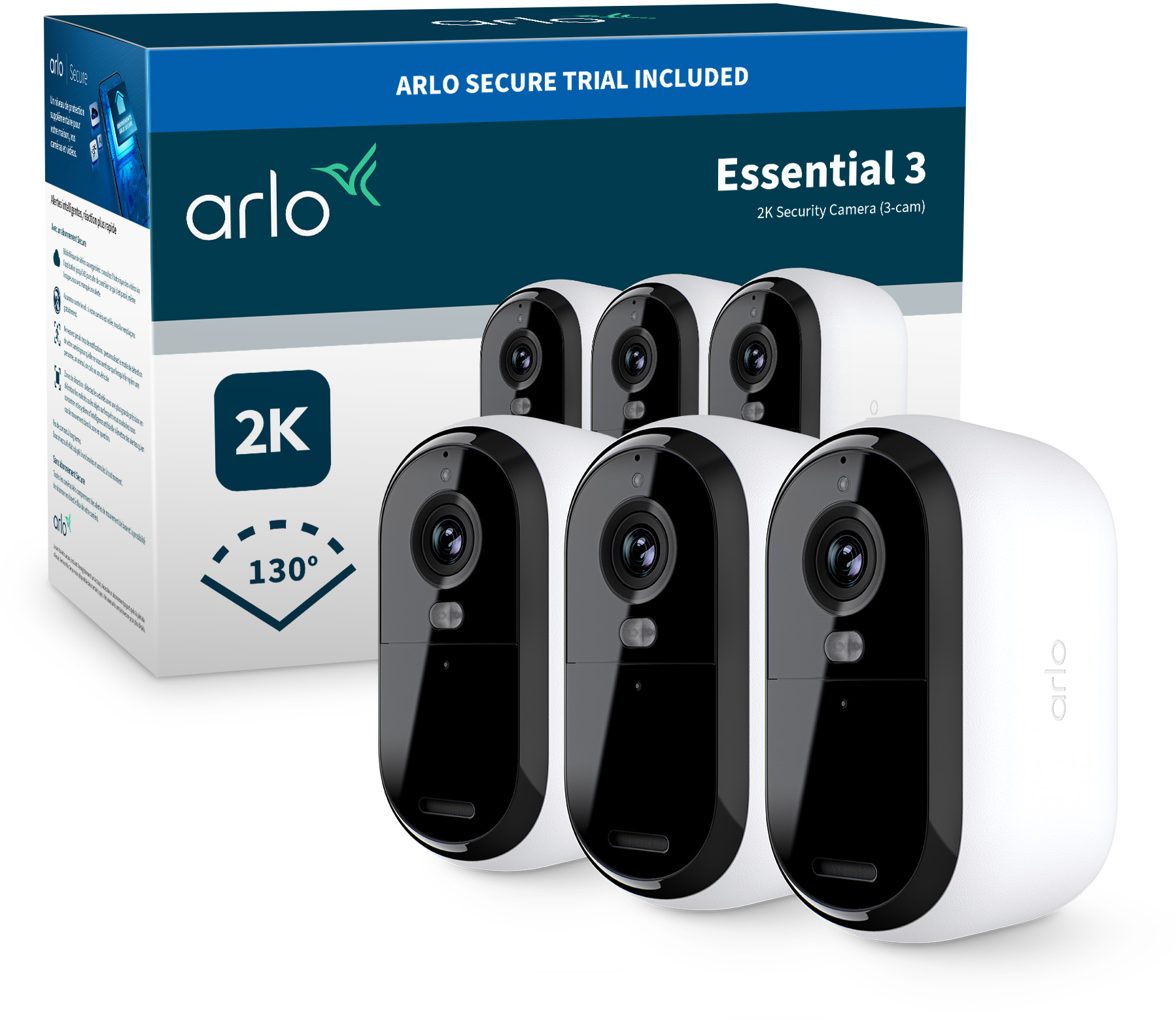 Das Bild zeigt ein weißes Überwachungskamerasystem mit einer Box. Die Kameras sind schwarz und weiß, und die Box hat das Arlo-Logo.