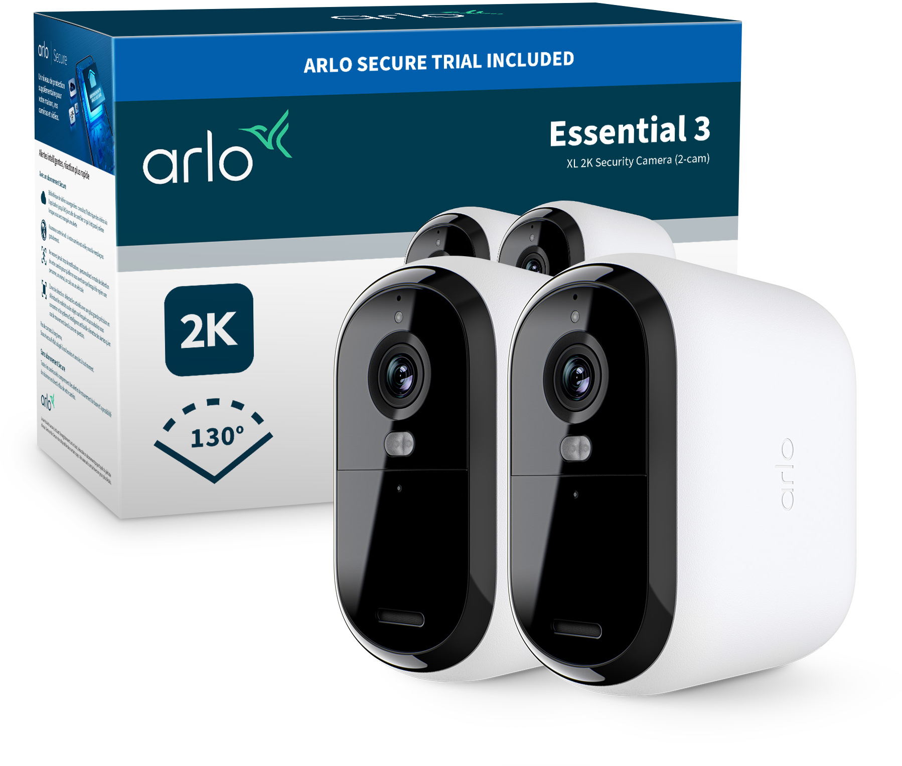 Das Bild zeigt ein Arlo Essential 3 Überwachungskamera-Set. Es gibt zwei Kameras und eine Box mit dem Arlo-Logo und Produktdetails.