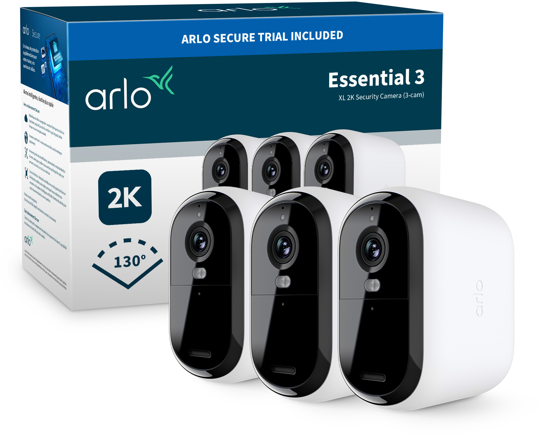 Eine Schachtel mit Arlo Essential 3 Überwachungskameras. Sechs weiße Kameras mit schwarzen Gesichtern befinden sich vor der Schachtel.