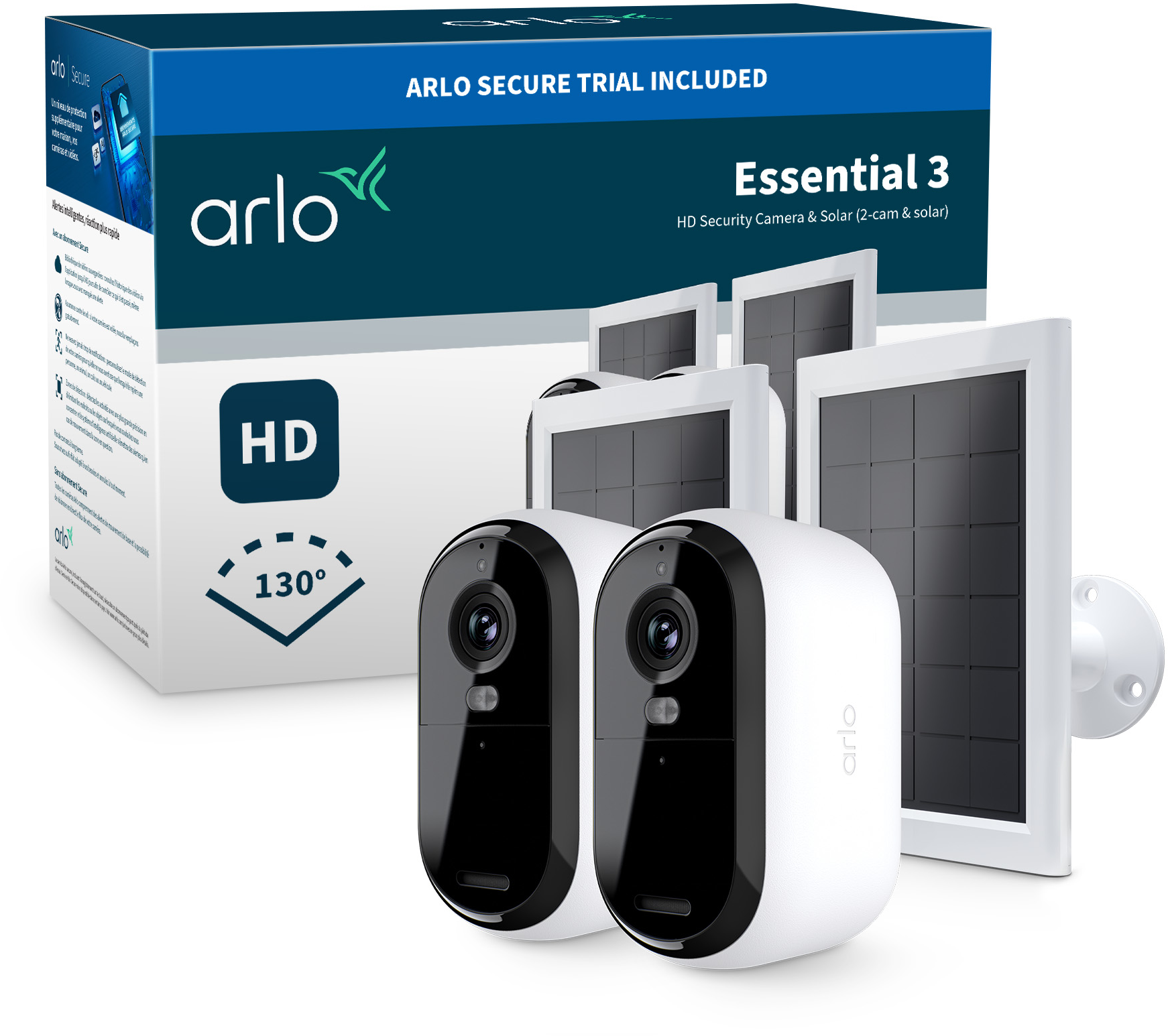 Arlo Essential 3 Sicherheitskamera-Kit. Enthält zwei weiße Kameras, Sonnenkollektoren und eine Box mit Produktdetails.