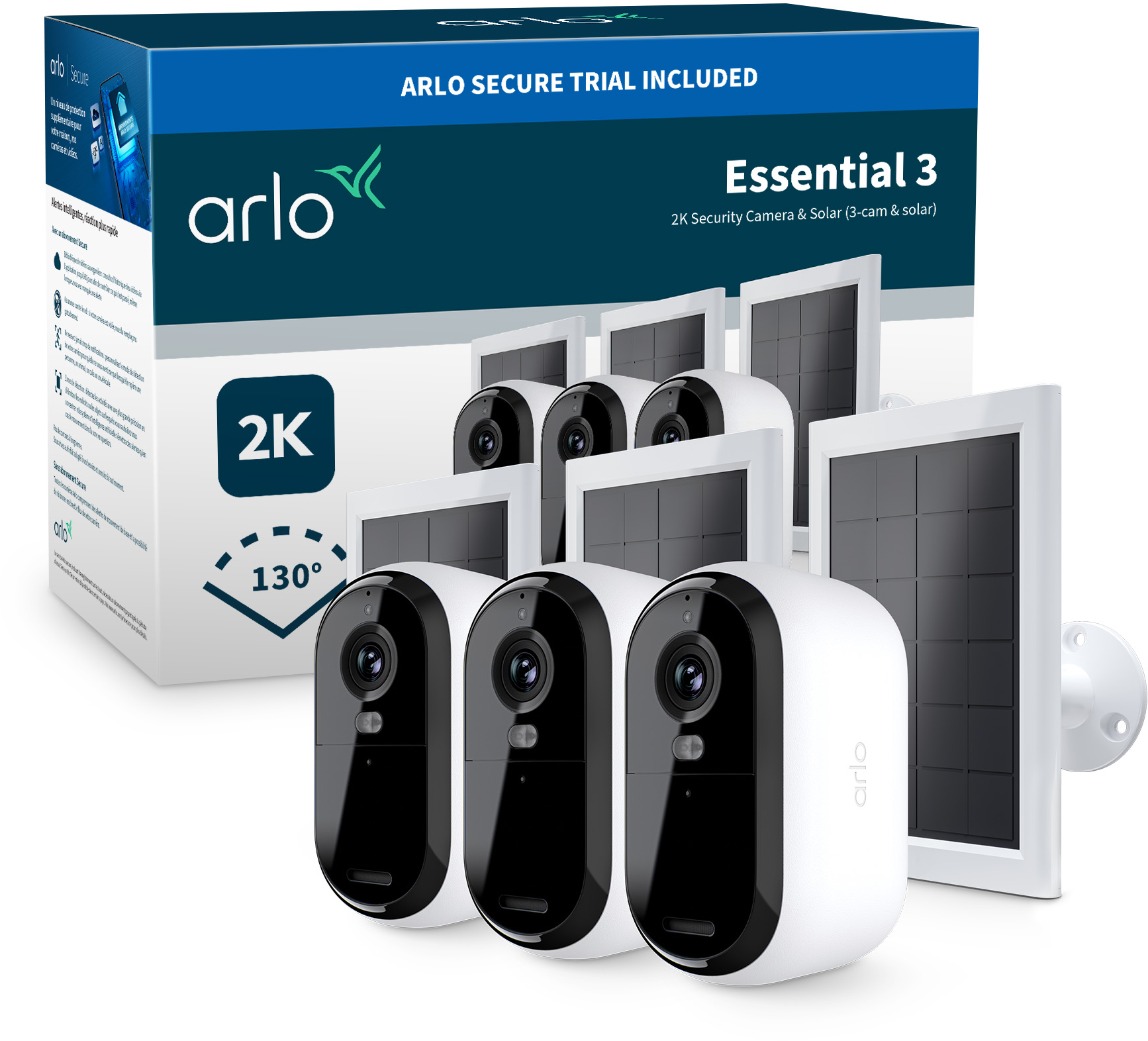 Arlo Essential 3 Überwachungskamera-Kit. Enthält Kameras, Sonnenkollektoren und eine Produktbox mit dem Arlo-Logo.