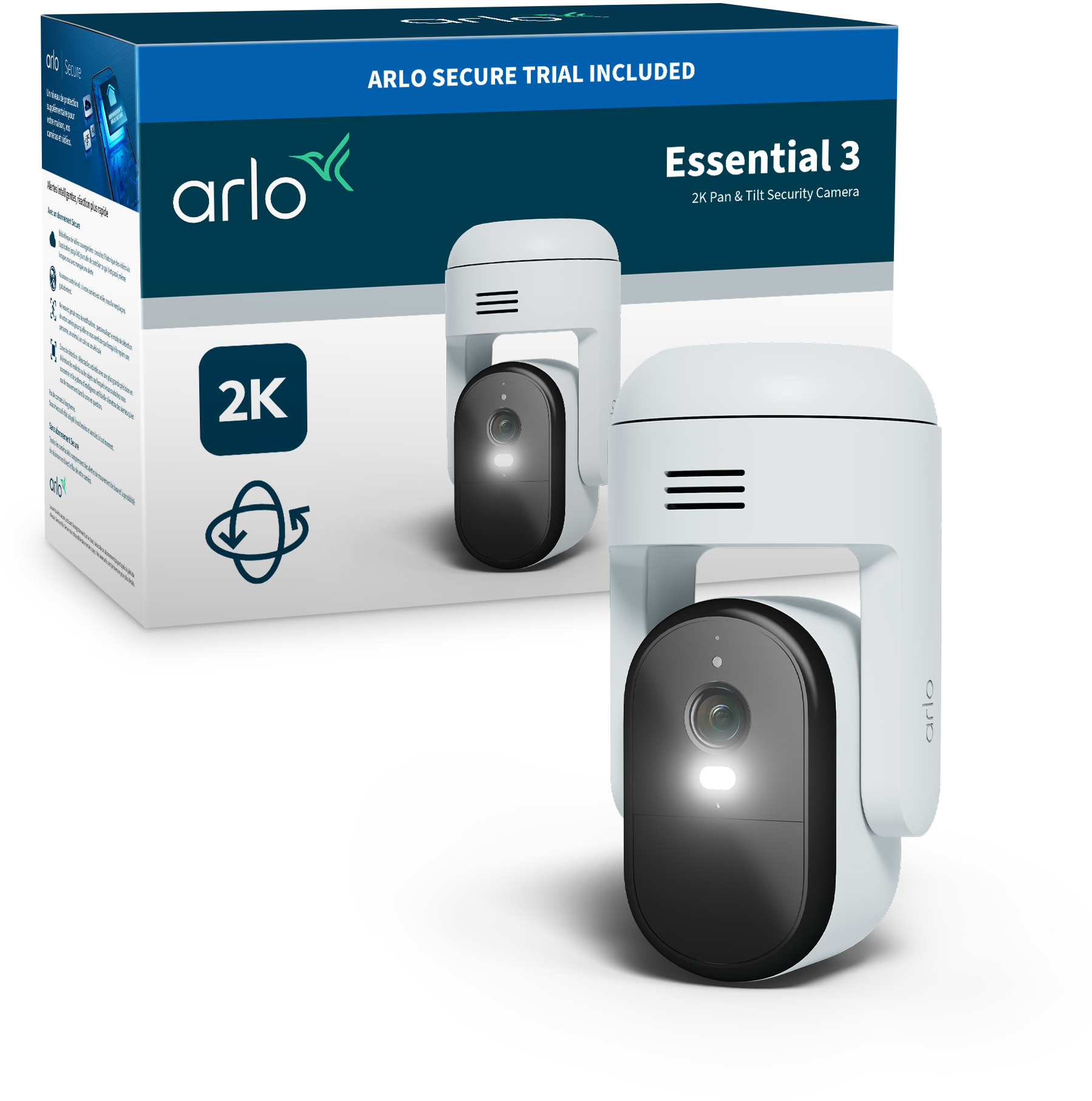 Caméra de sécurité Arlo blanche avec face noire et boîte produit sur fond blanc. La caméra est étiquetée 'Essential 3'.