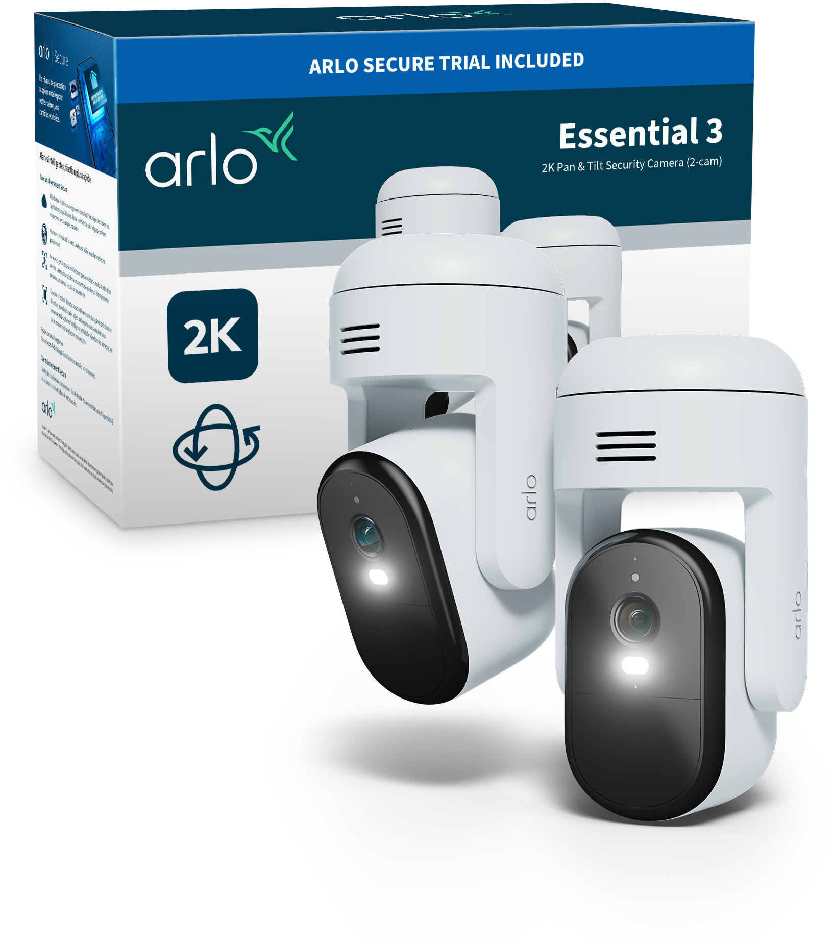 Zwei weiße Arlo-Sicherheitskameras mit schwarzen Fronten vor einer Box. Auf der Box steht 'Arlo Secure Trial Included'.