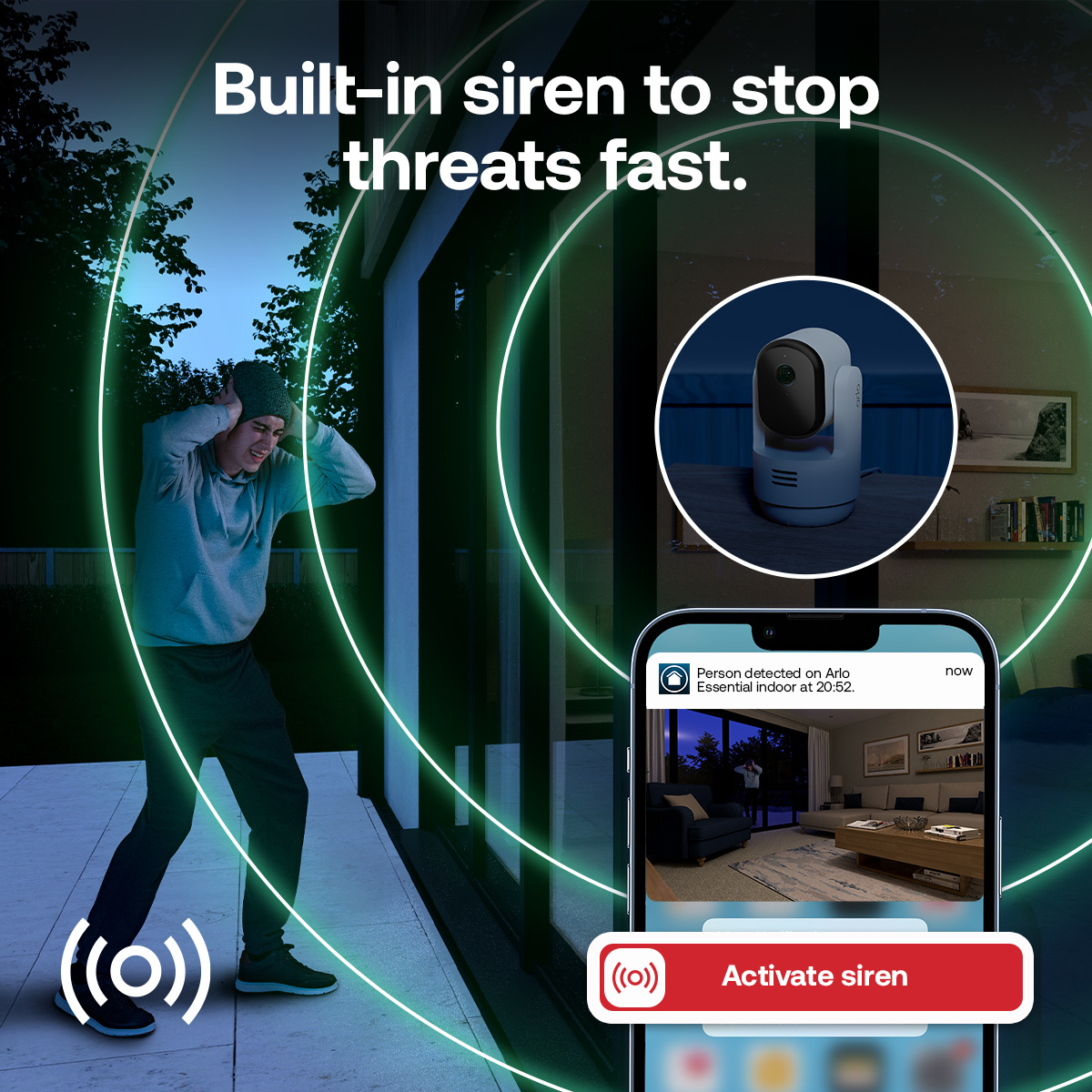 Ein Mann hält sich die Ohren zu, in der Nähe eines Hauses mit Sicherheitssystem. Ein Telefon zeigt eine Personenerkennung und einen Knopf, um die Sirene zu aktivieren.