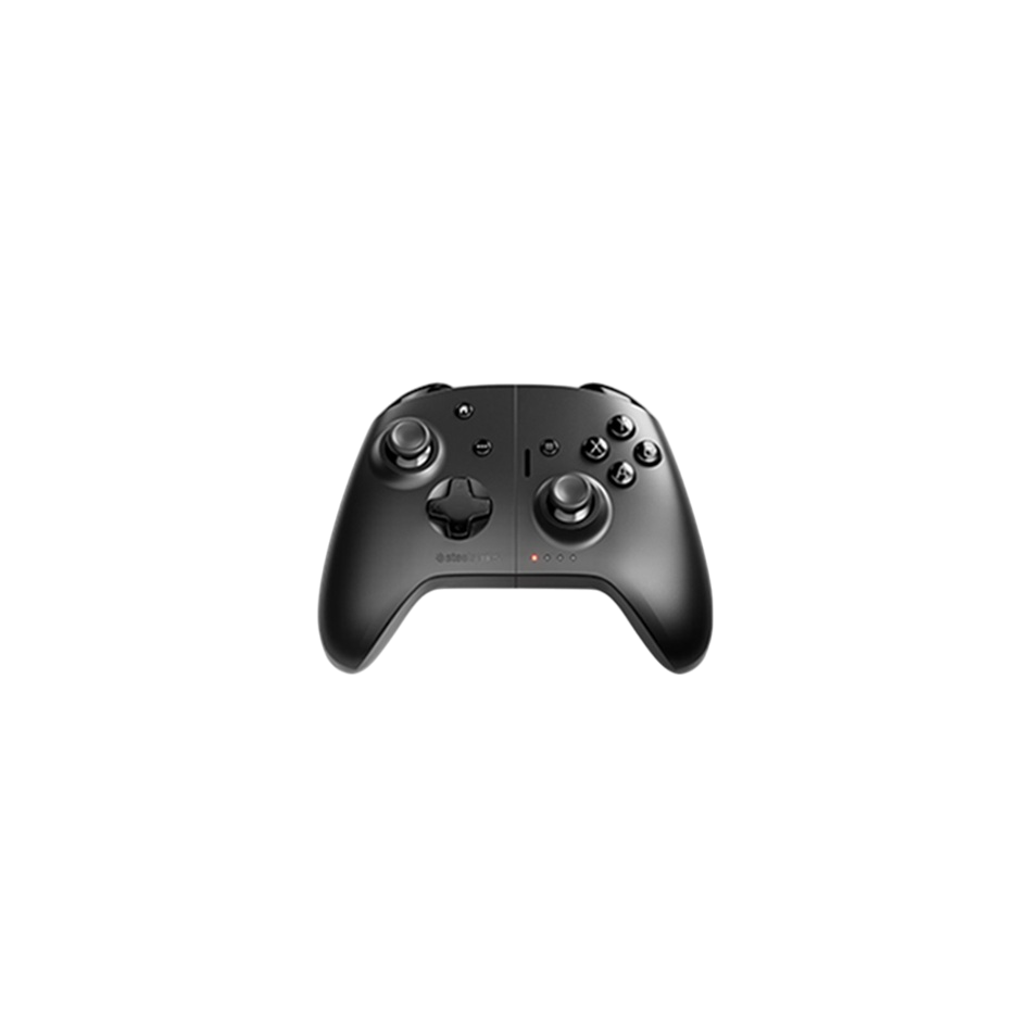Siyah bir SteelSeries oyun kumandası siyah bir arka plan üzerinde ortalanmıştır. Düğmeleri, joystickleri ve bir yön tuşu vardır.