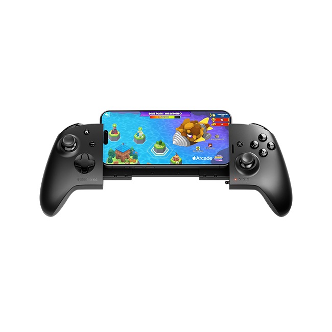 Ortasında renkli bir oyun ekranı gösteren siyah bir gamepad. Telefon yatay modda.
