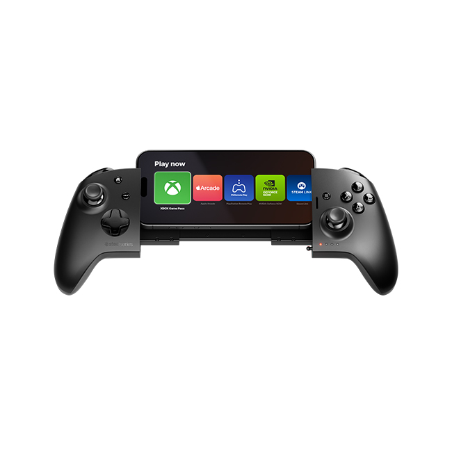Ortasında oyun uygulamaları simgeleri gösteren bir telefon bulunan siyah bir gamepad, beyaz bir arka plan üzerinde.