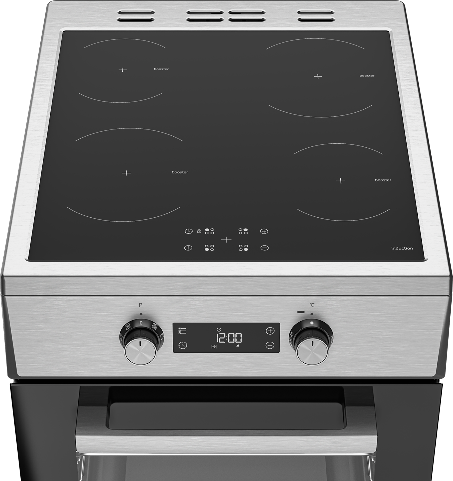 Nowoczesna płyta indukcyjna z czterema palnikami, pokrętłami i cyfrowym wyświetlaczem zegara, wszystko ze stali nierdzewnej.