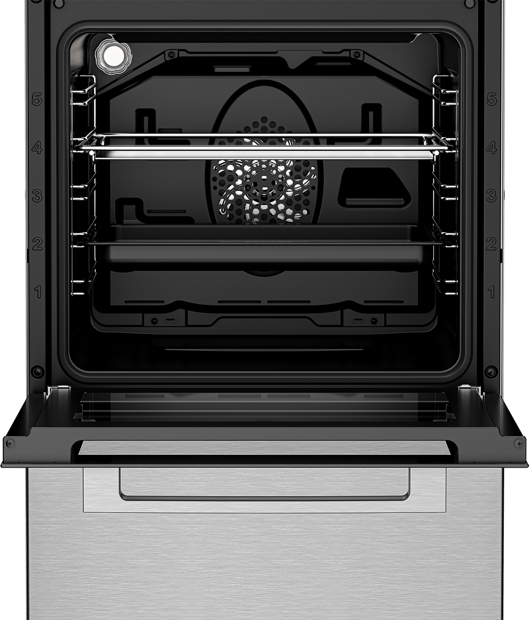 Otwarty wnętrze piekarnika z rusztami, wentylatorem i tacą. Drzwi otwarte, odsłaniające front ze stali nierdzewnej.