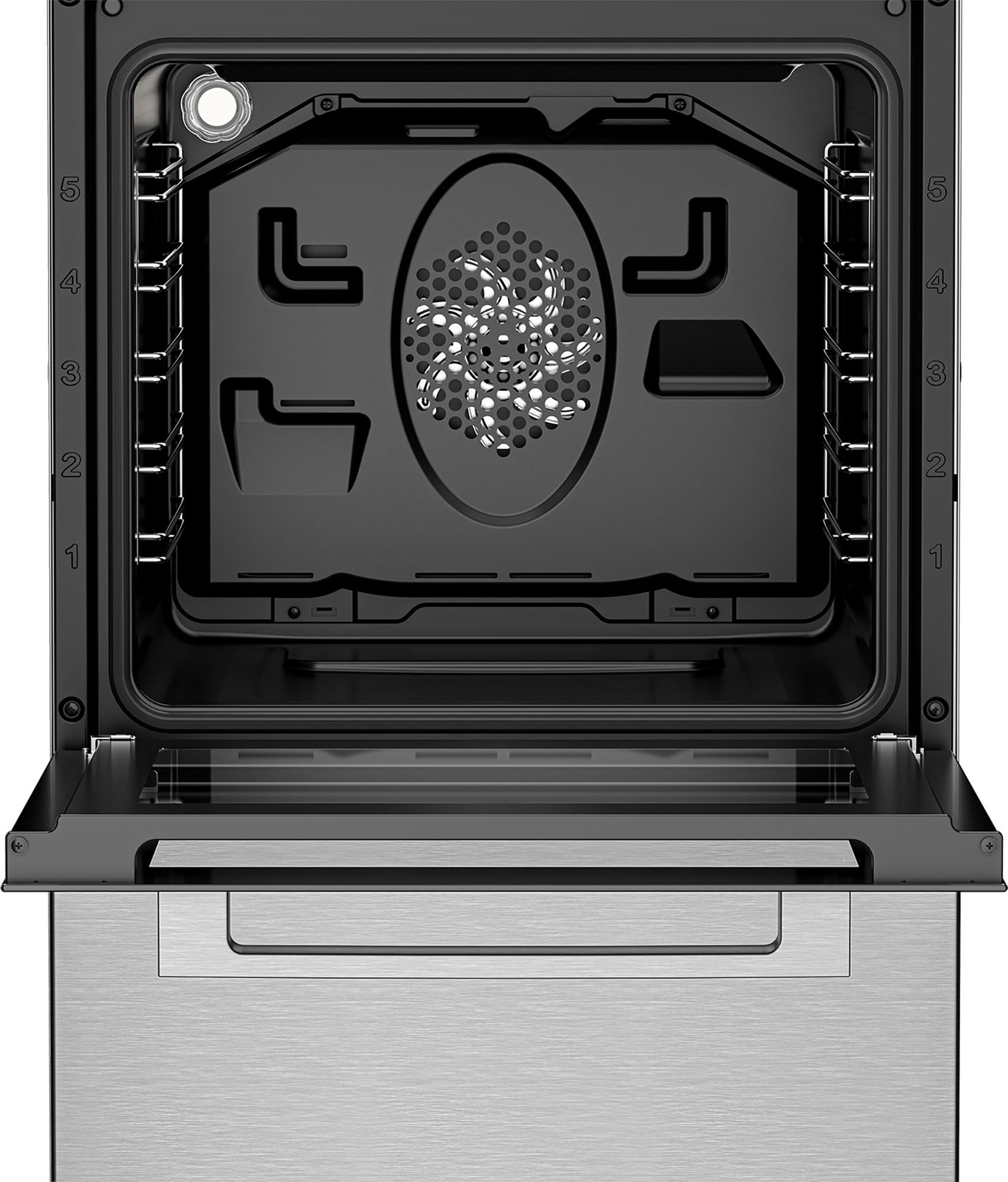 Otwarty wnętrze piekarnika z rusztami, wentylatorem i światłem. Dolna szuflada ze stali nierdzewnej.