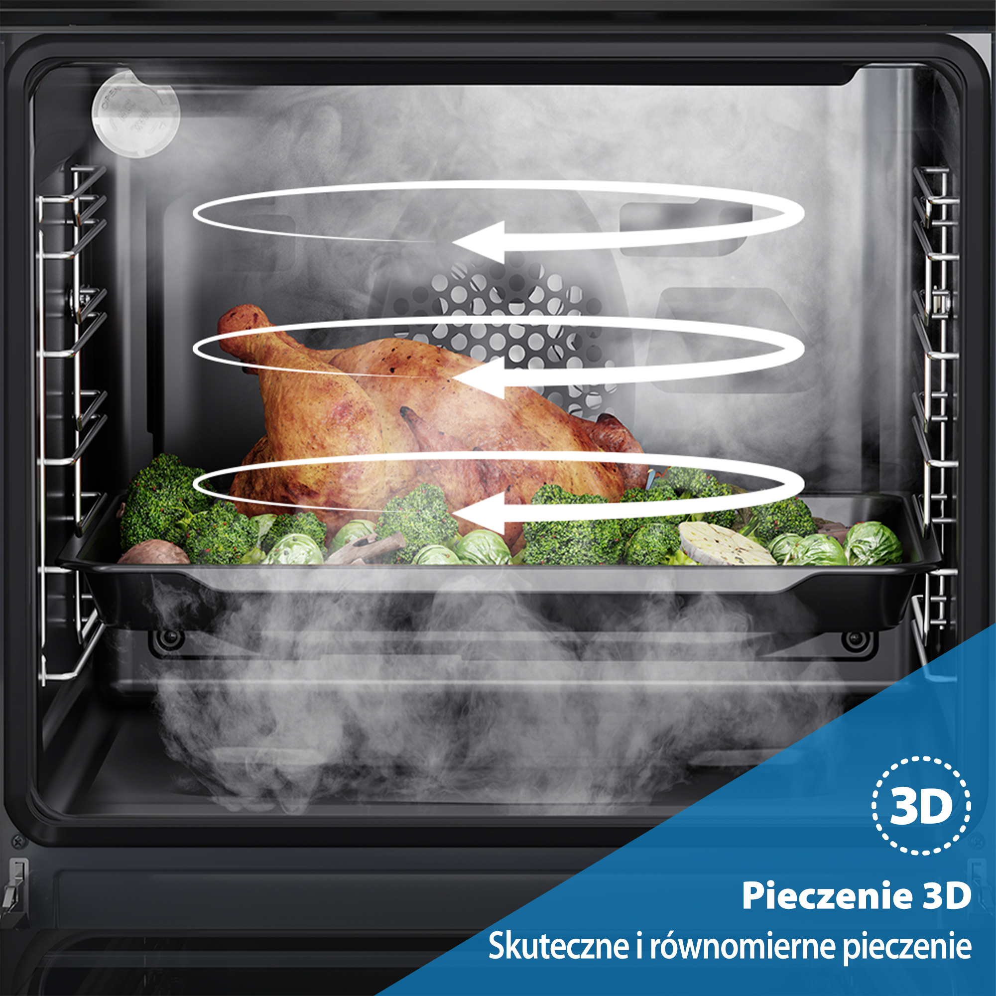 Pieczony kurczak i warzywa w piekarniku. Strzałki pokazują pieczenie 3D. Para unosi się. Niebieski baner: 'Pieczenie 3D'.