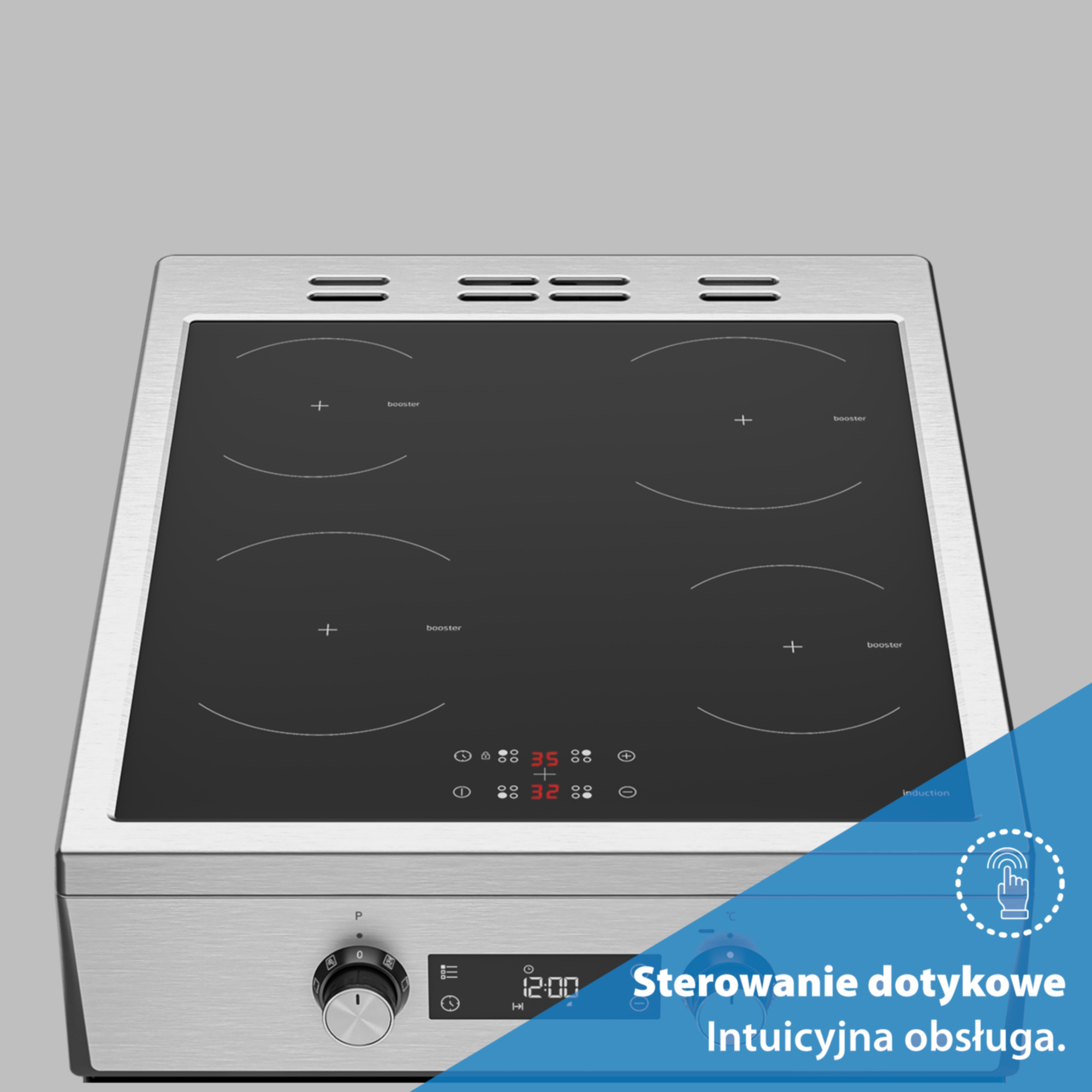 Indukcyjna płyta ze stali nierdzewnej z czterema palnikami, panelem sterowania i cyfrowym wyświetlaczem.