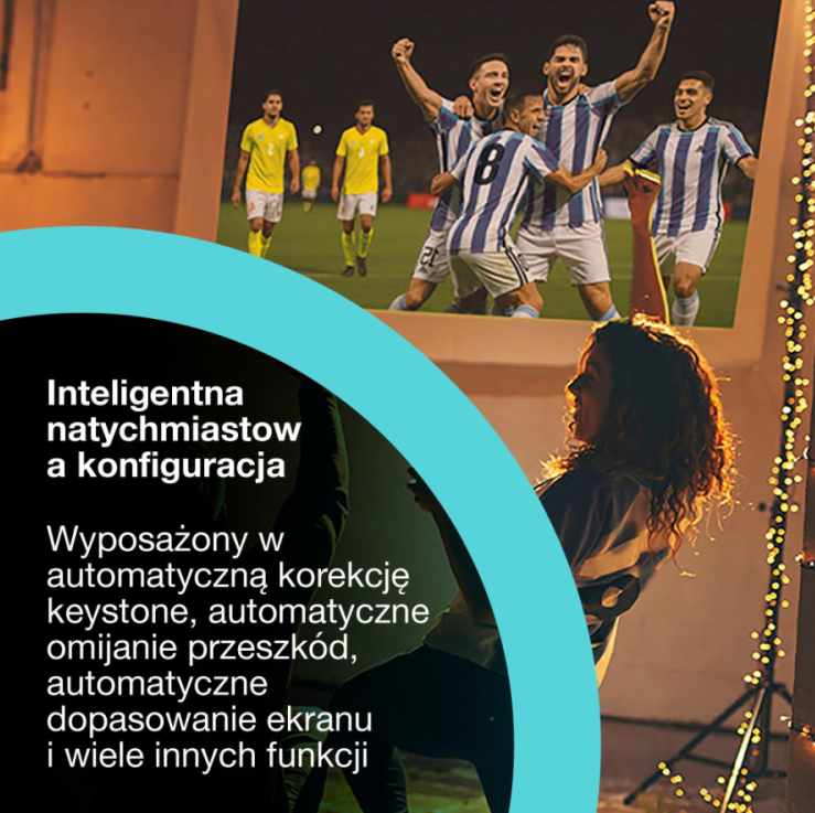 Kobieta ogląda mecz piłki nożnej na ekranie. Zawodnicy świętują. Polski tekst opisuje funkcje, np. auto-korekta zniekształceń.