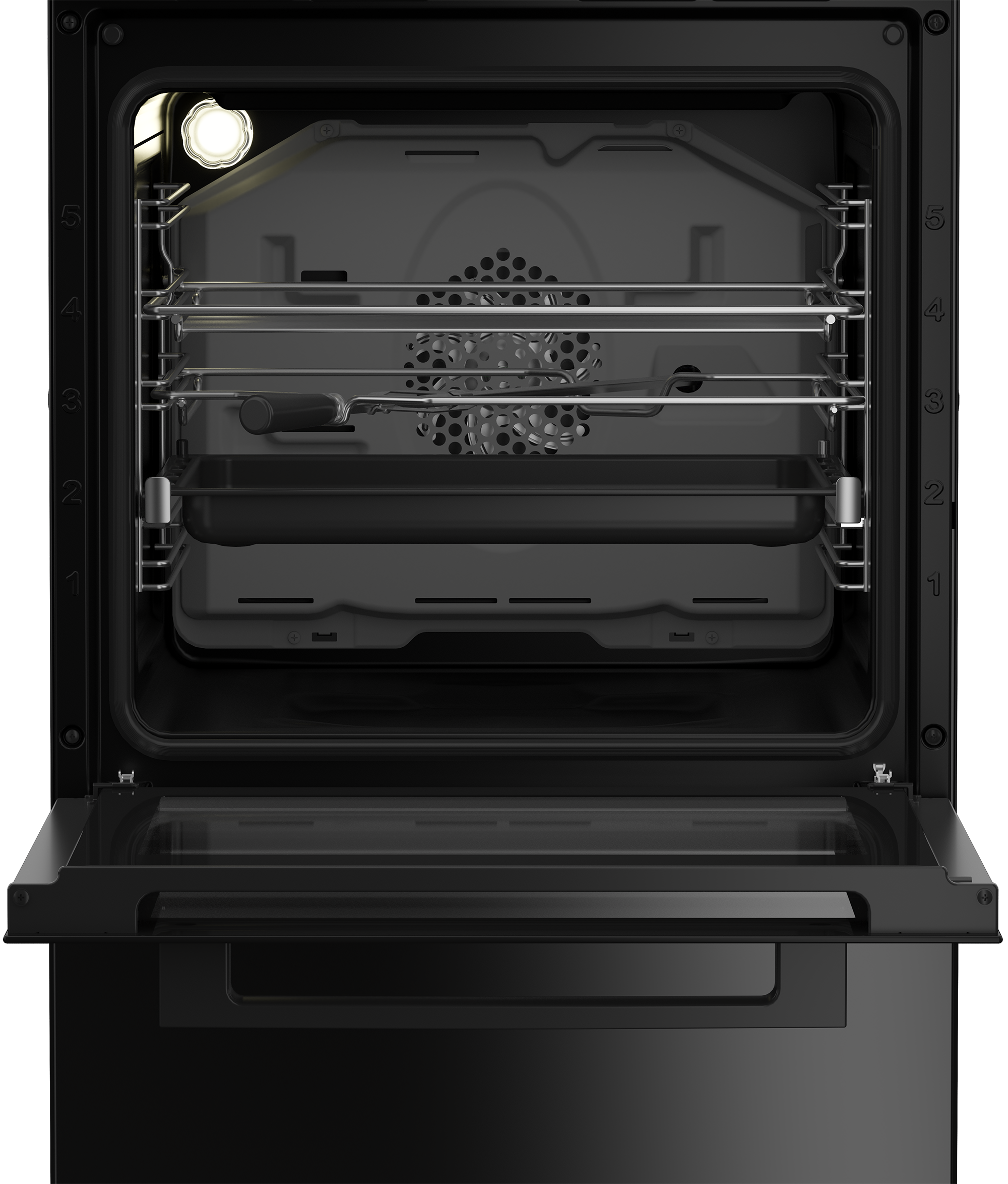 Otwarty czarny wnętrze piekarnika z rusztami, blachą do pieczenia i światłem. Drzwi piekarnika są otwarte.