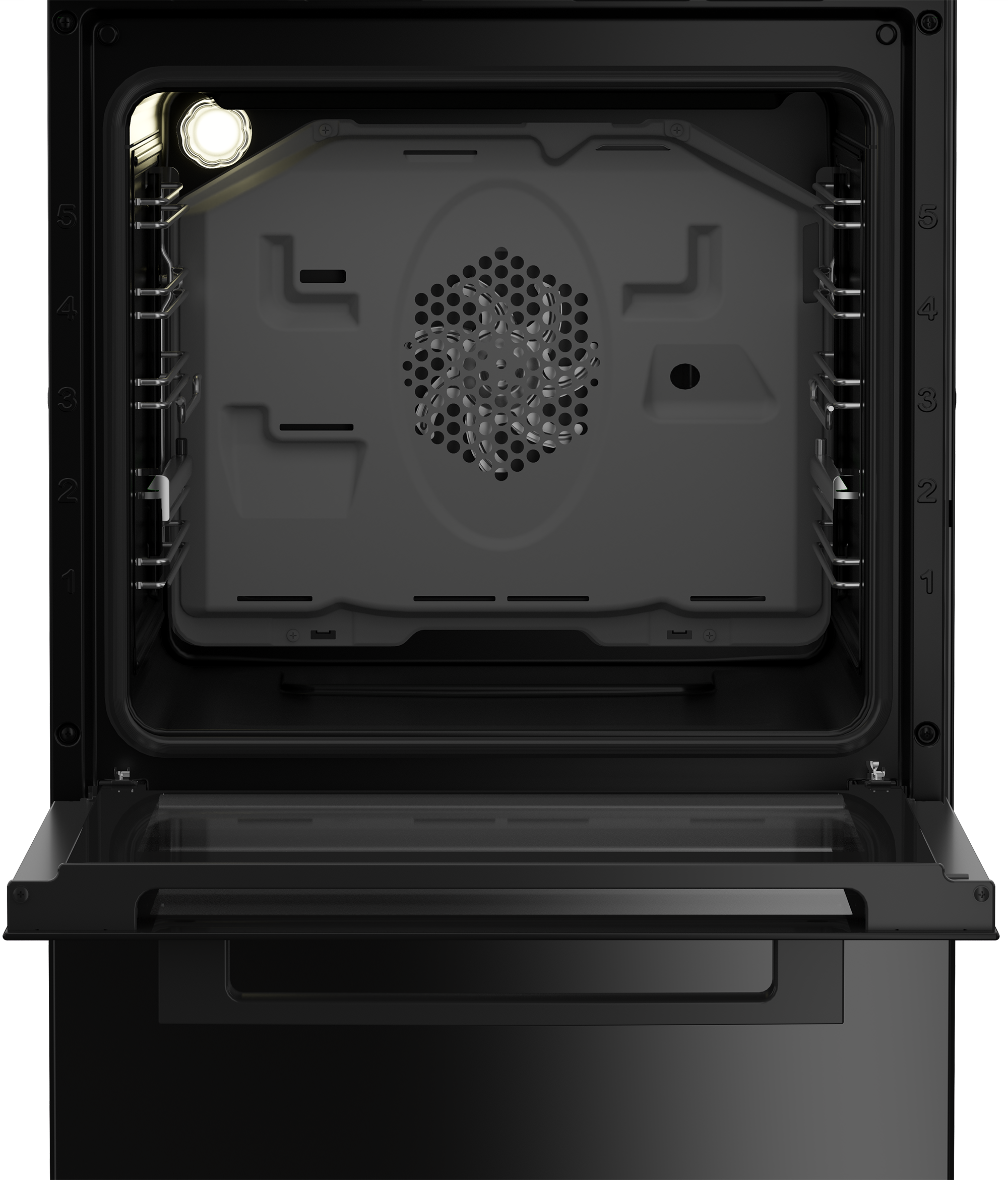 Otwarty czarny piekarnik. Wnętrze pokazuje ruszty, wentylator i światło. Drzwi są otwarte.