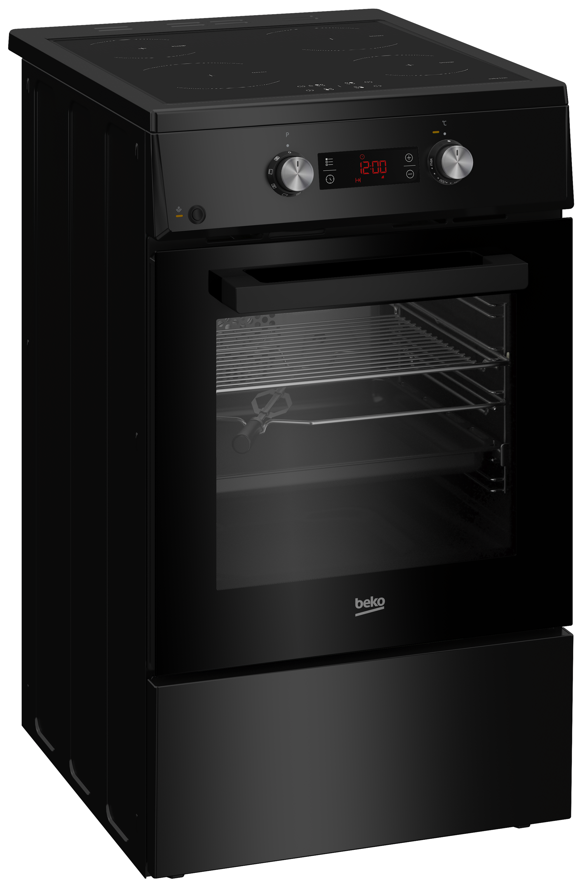 Czarny piekarnik ze szklanymi drzwiami. Pokrętła i wyświetlacz cyfrowy u góry. Ruszty w środku.