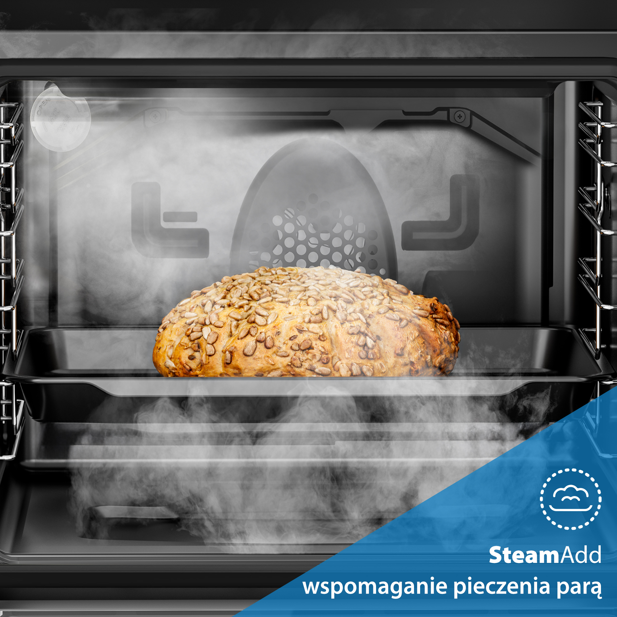 W piekarniku piecze się bochenek chleba ze słonecznikiem. Para otacza chleb. Piekarnik jest czarny.