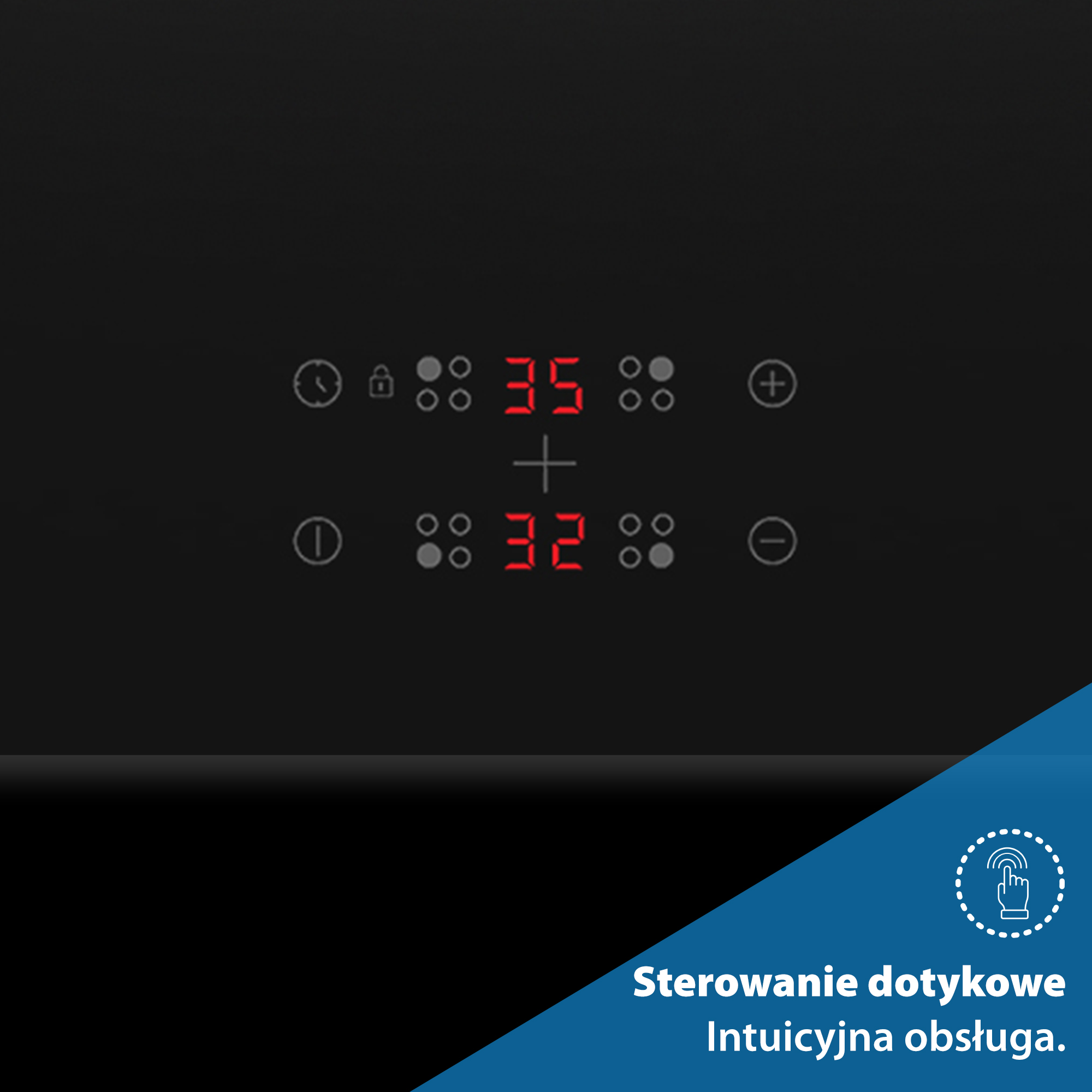 Czarna płyta grzewcza z czerwonym wyświetlaczem pokazującym 35 i 32. Sterowanie dotykowe, przyciski plus i minus.