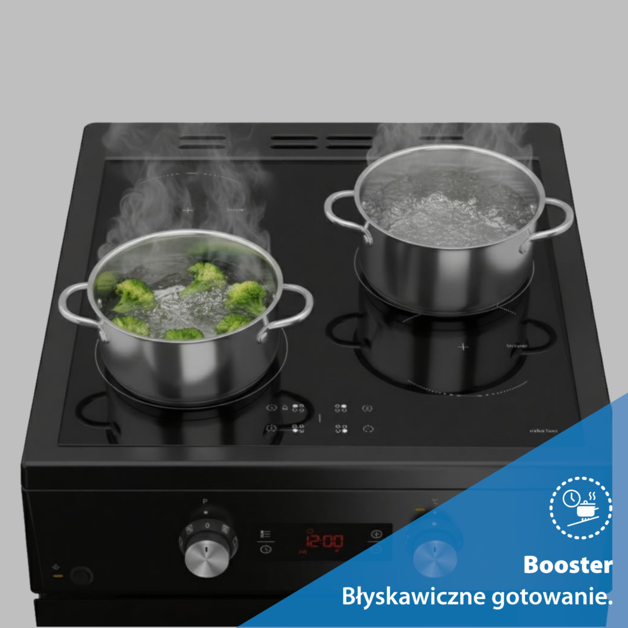 Czarna kuchenka z dwoma garnkami, jednym z brokułami, drugim z wrzącą wodą. Para unosi się. Zegar pokazuje 12:00.