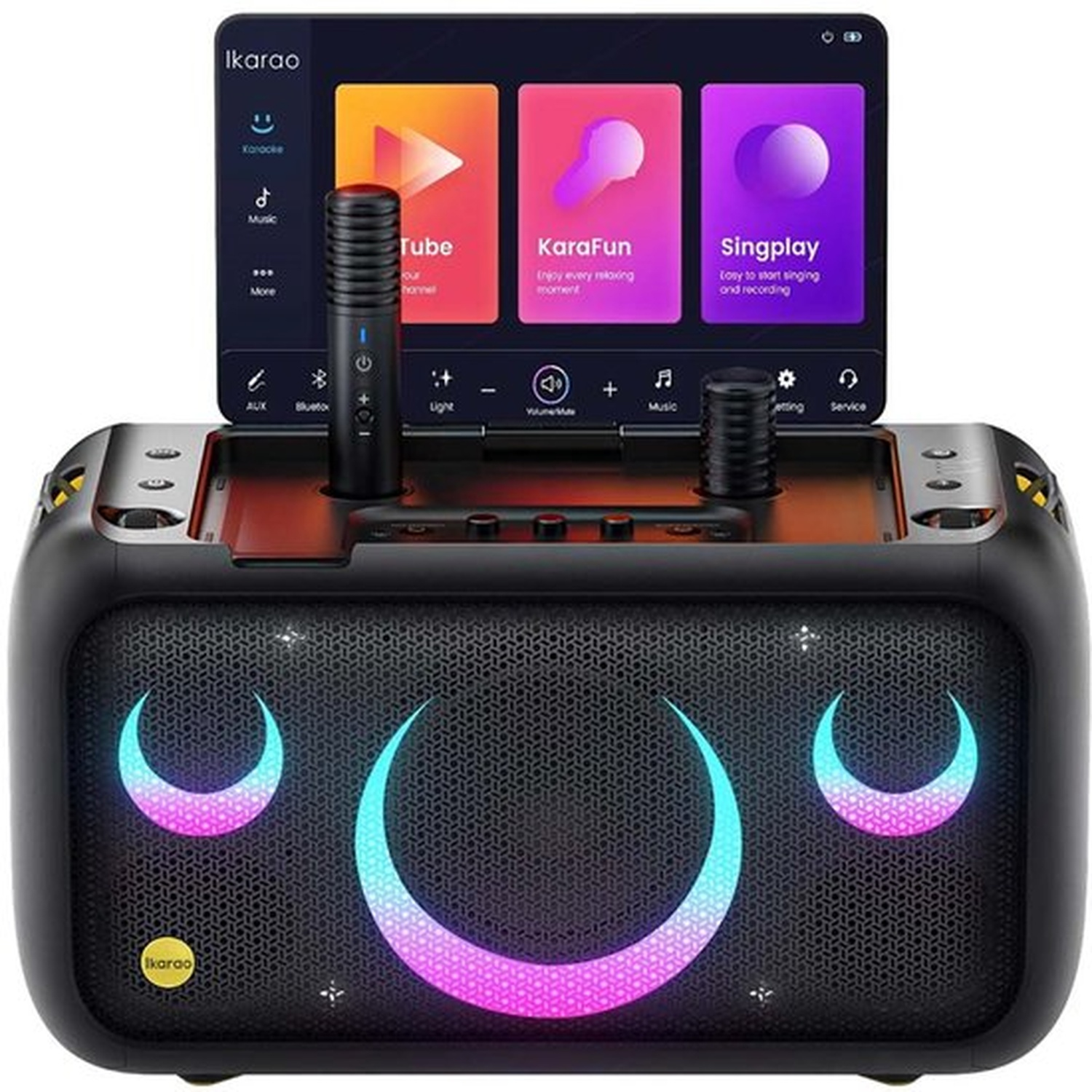 Zwarte karaokemachine met scherm waarop apps worden weergegeven. Voorzien van een microfoon, luidsprekerverlichting en bedieningsknoppen.