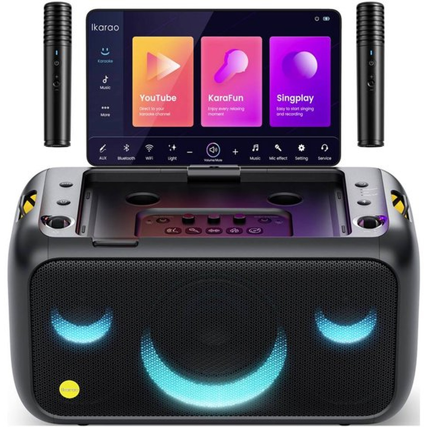 Karaokemachine met scherm, microfoons en luidspreker. Het scherm toont apps zoals YouTube, KaraFun en Singplay.