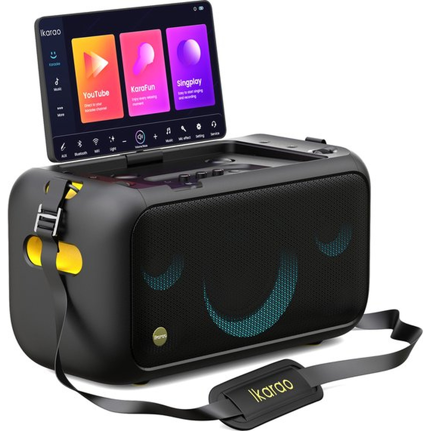 Zwarte karaoke speaker met tabletscherm met apps. Voorzien van een draagriem en een lachend gezicht op de speaker.