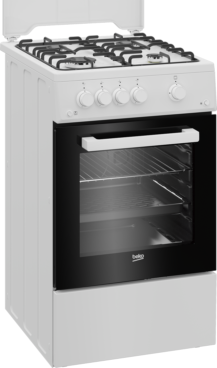 Biała kuchenka gazowa Beko. Ma czarne drzwi piekarnika, cztery palniki i pokrętła. Widoczne jest logo marki.