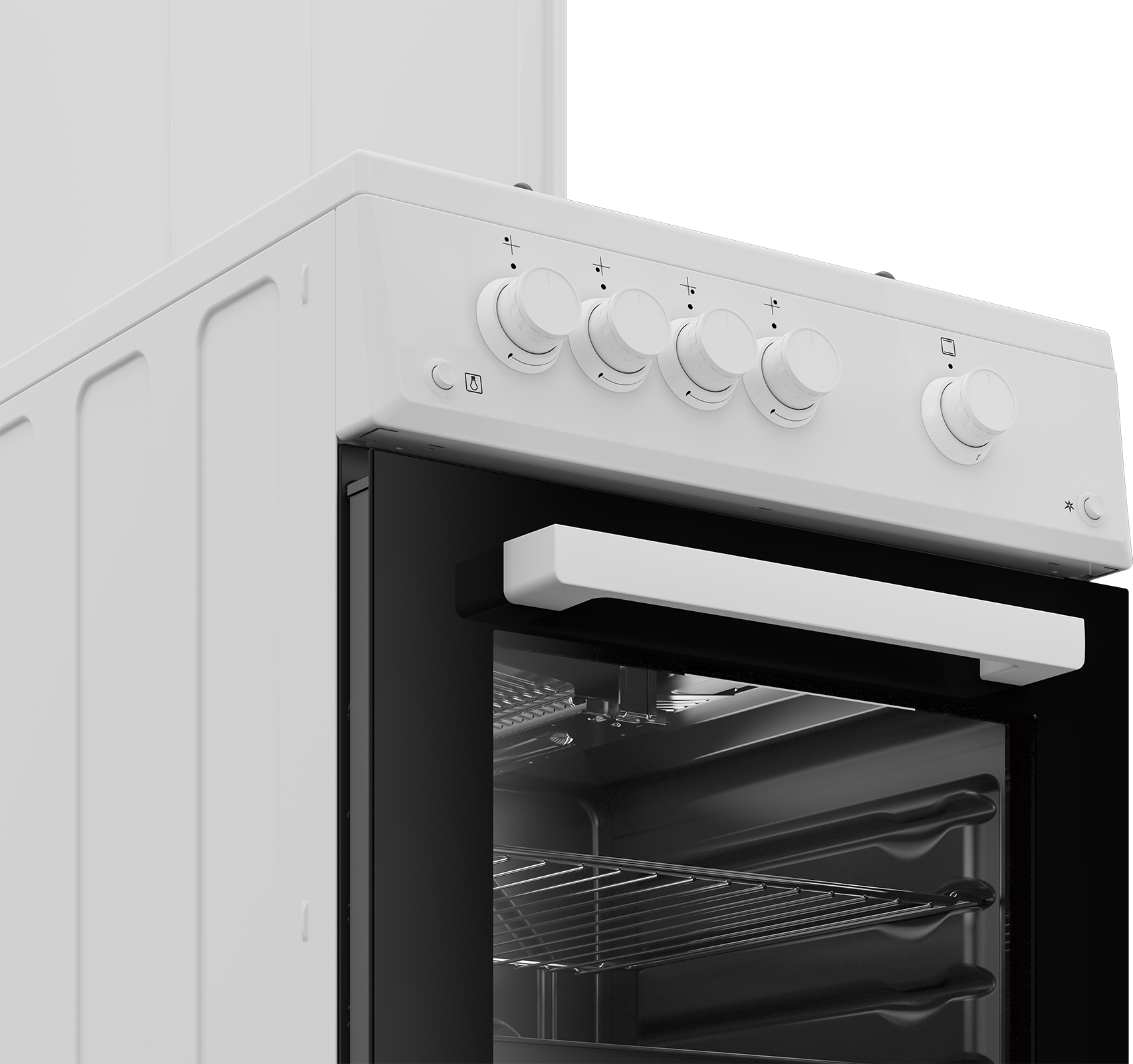 Biały piekarnik z pokrętłami i czarnymi szklanymi drzwiami. Drzwi piekarnika są otwarte, ukazując wnętrze z rusztami.