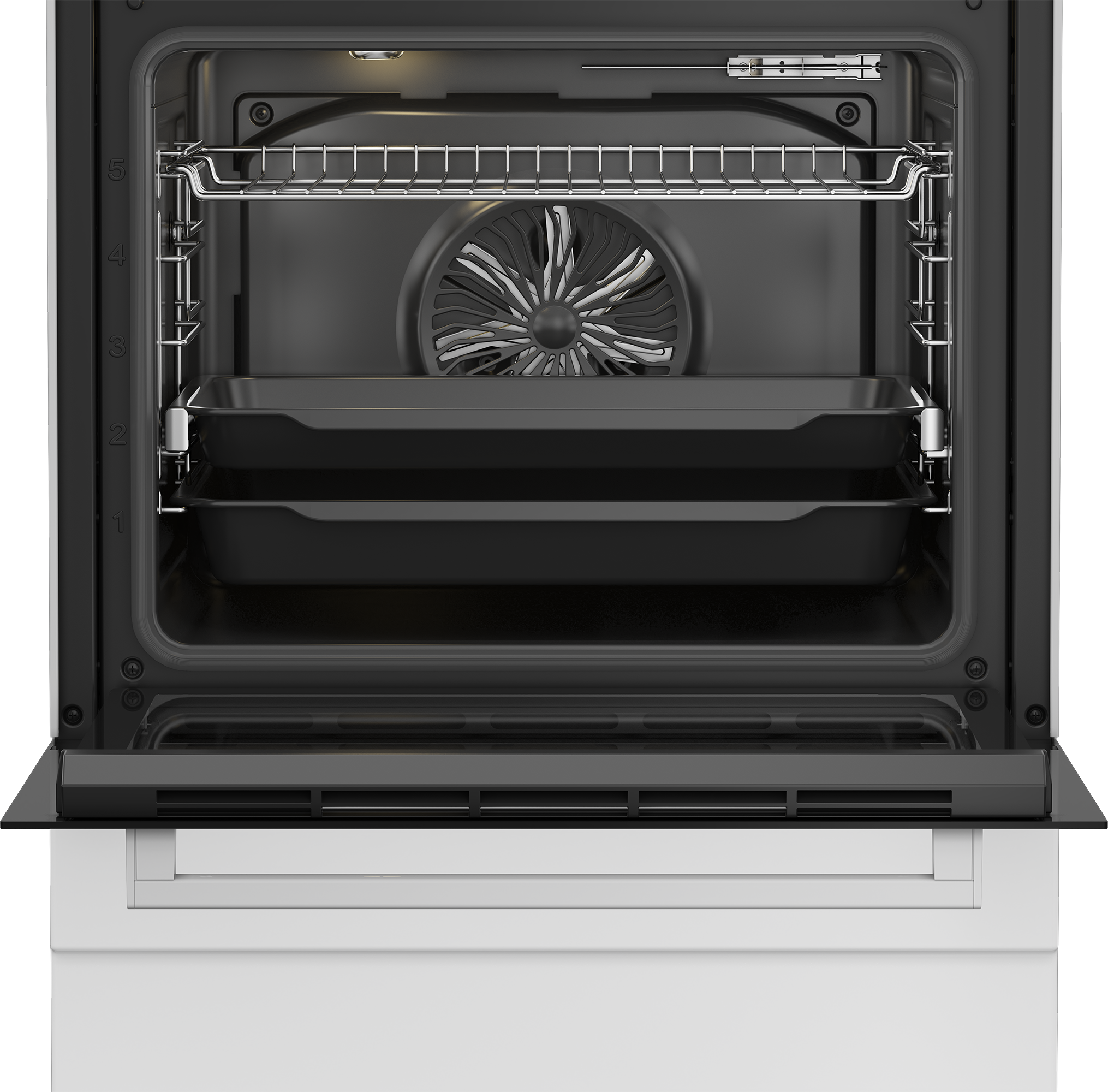 Otwarty wnętrze piekarnika z rusztami, wentylatorem i tacami. Czarne wnętrze ze srebrnymi rusztami i wentylatorem. Biały na zewnątrz.